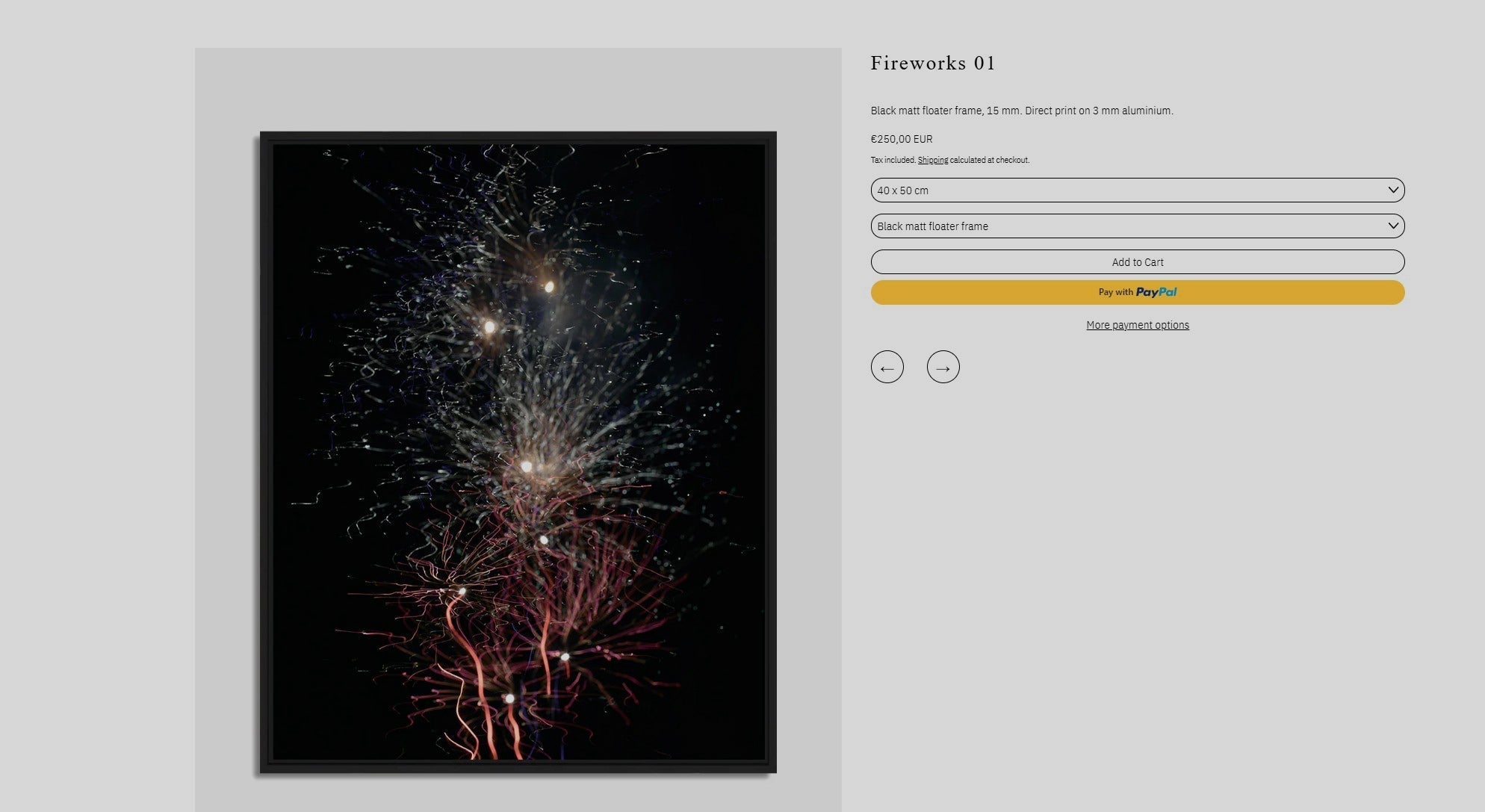 Framed photograph Fireworks 01 by Beau Édition, black floater frame, fine art print on aluminium