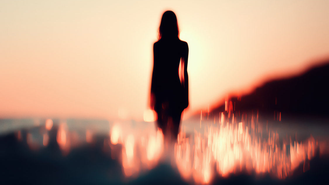 After Riviera — Eva walking toward the sea at sunset, panoramic fine art photograph of the French Riviera by Beau Édition