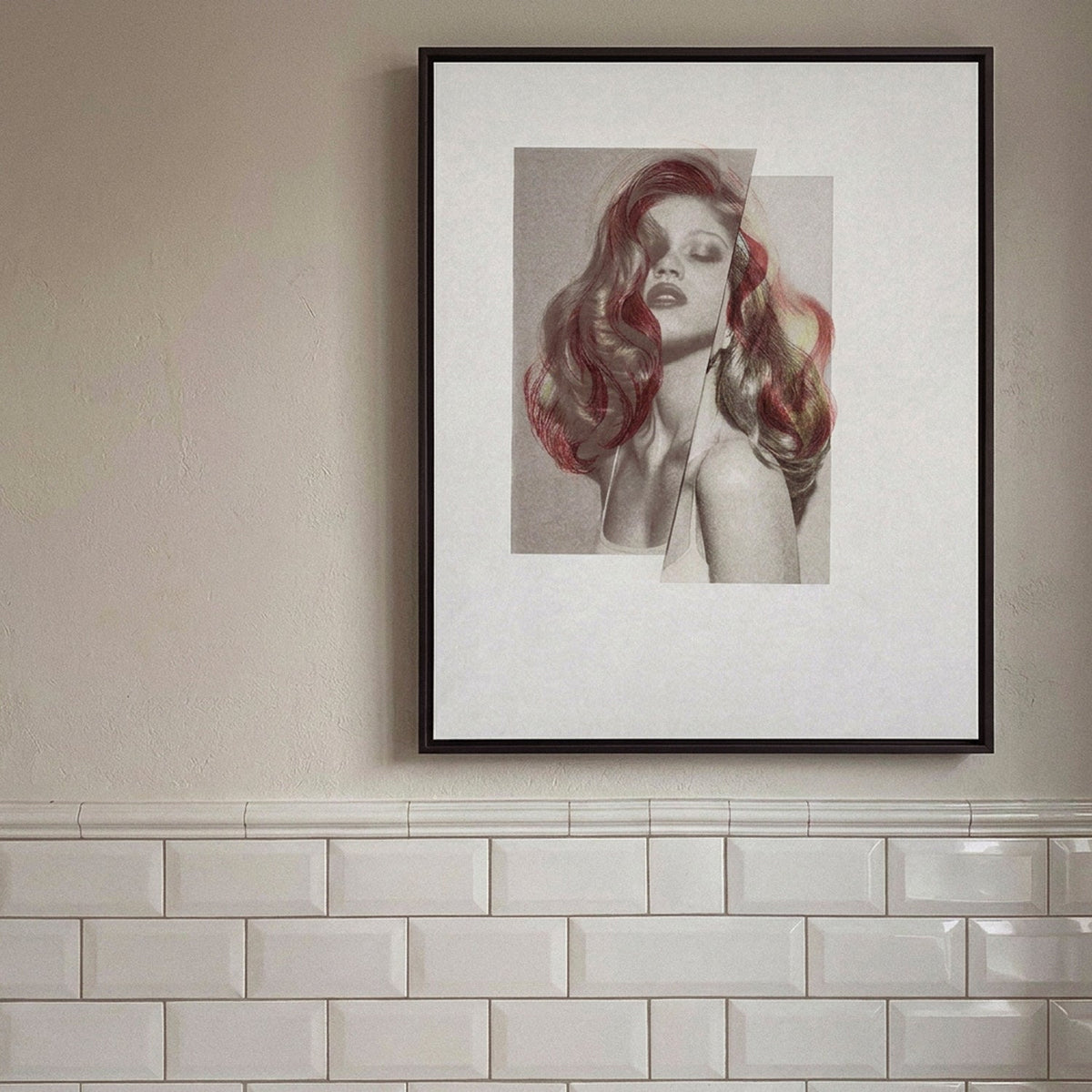 Chevelures — framed hair art print by Nicolas Jurnjack above white metro tiles — Beau Edition