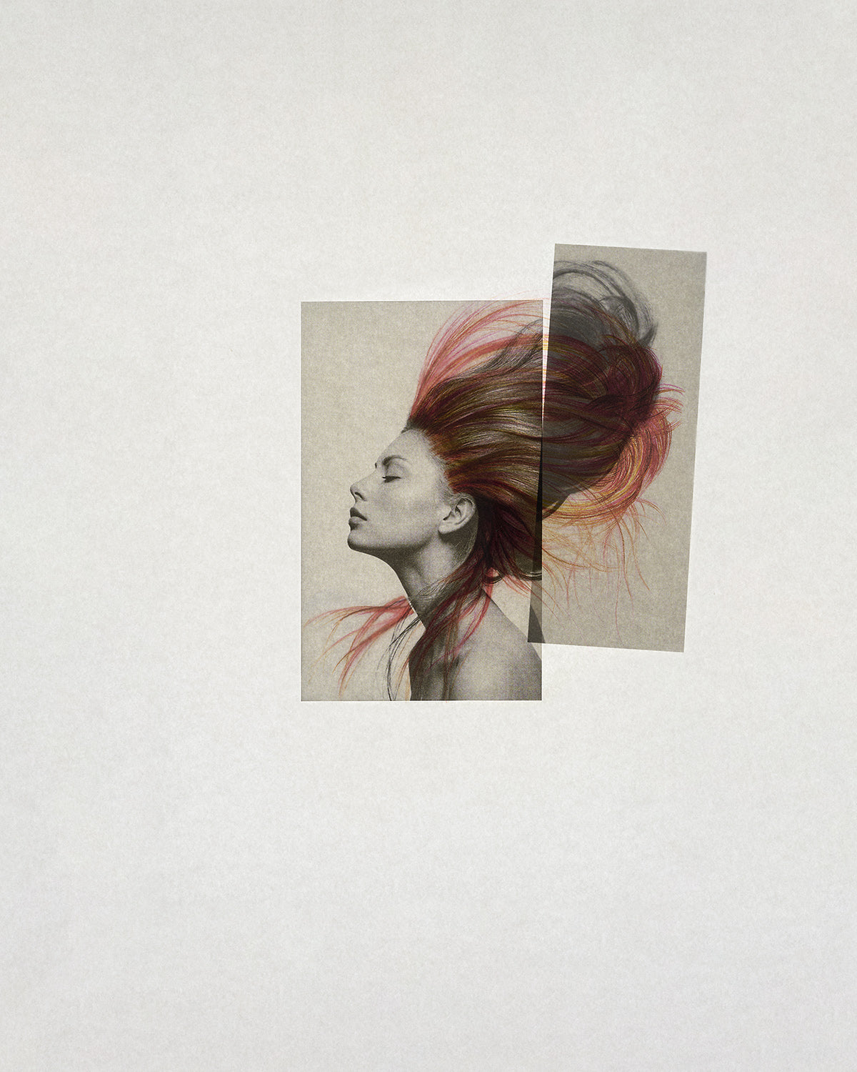 Chevelures 01 — hair in flight, coloured pencil drawing by Nicolas Jurnjack over a black and white portrait — Beau Edition