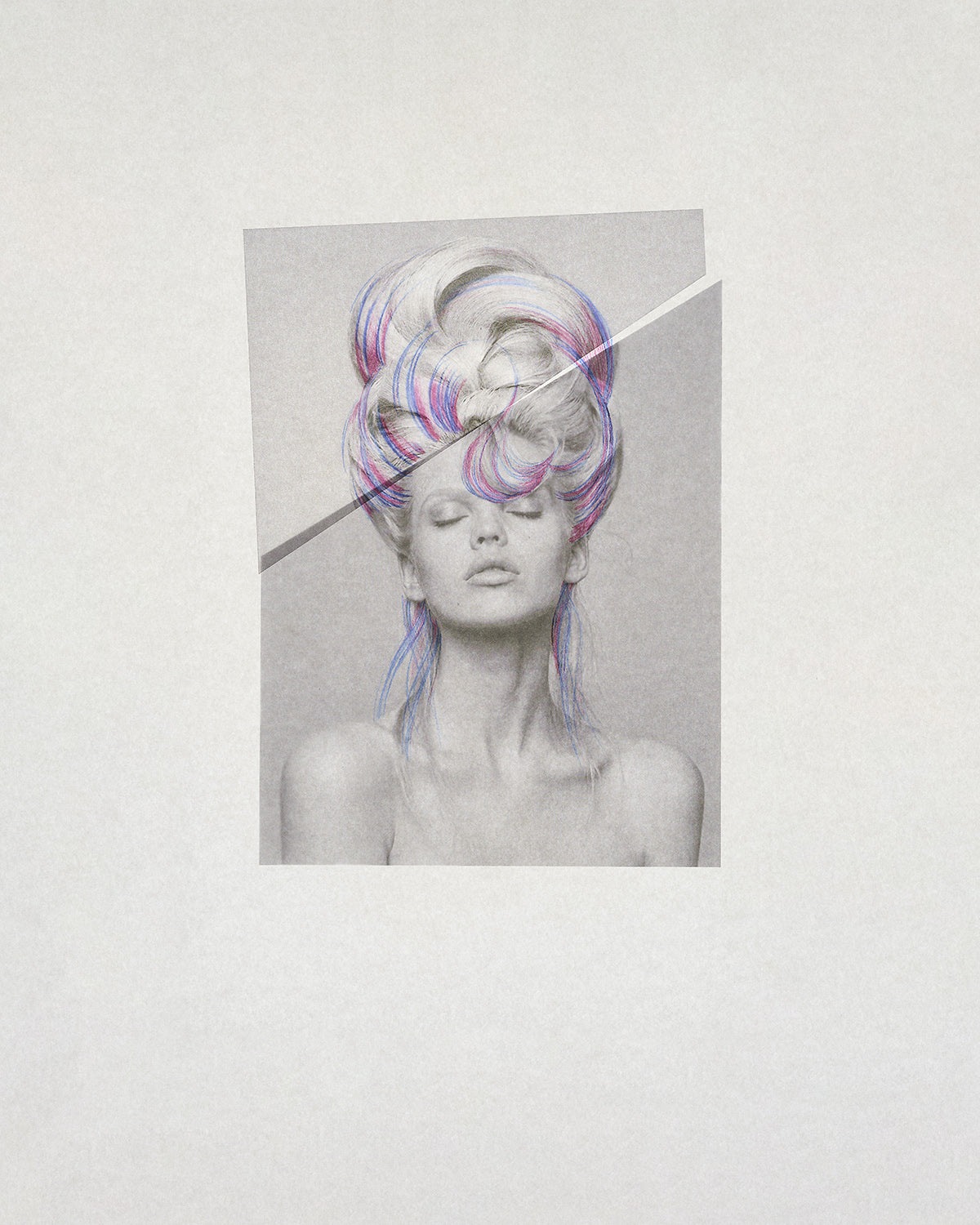 Chevelures 02 — a tower of curls in blue and rose, coloured pencil drawing by Nicolas Jurnjack over a black and white portrait — Beau Edition
