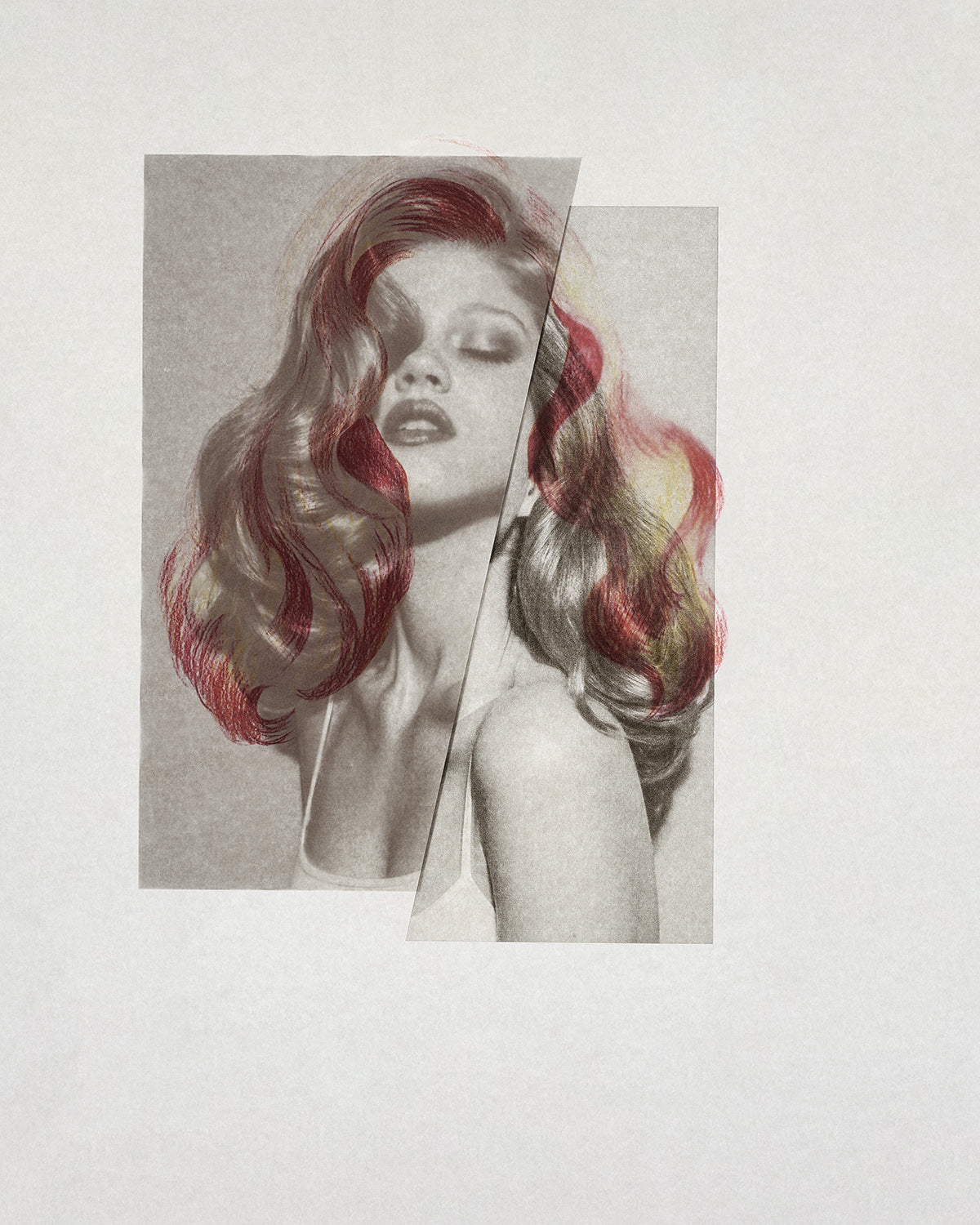 Chevelures 03 — red waves, coloured pencil drawing by Nicolas Jurnjack over a black and white portrait — Beau Edition