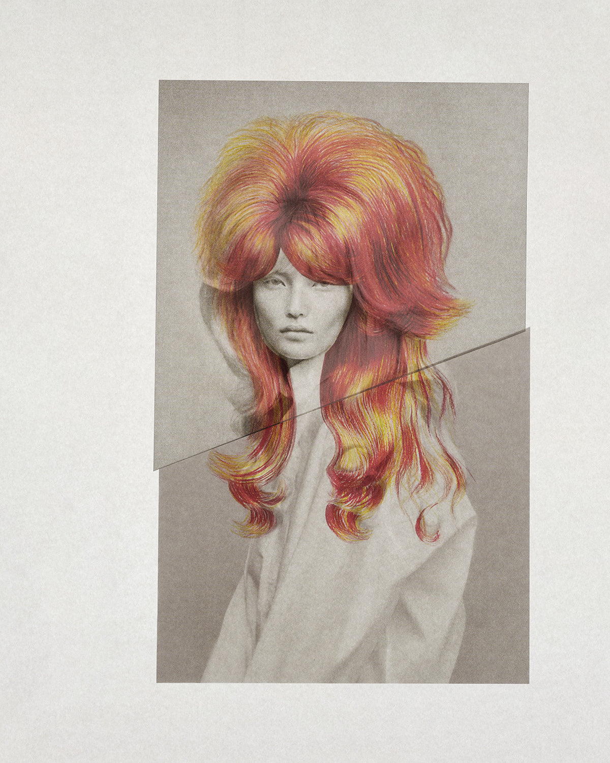 Chevelures 05 — a mane of fire, coloured pencil drawing by Nicolas Jurnjack over a black and white portrait — Beau Edition