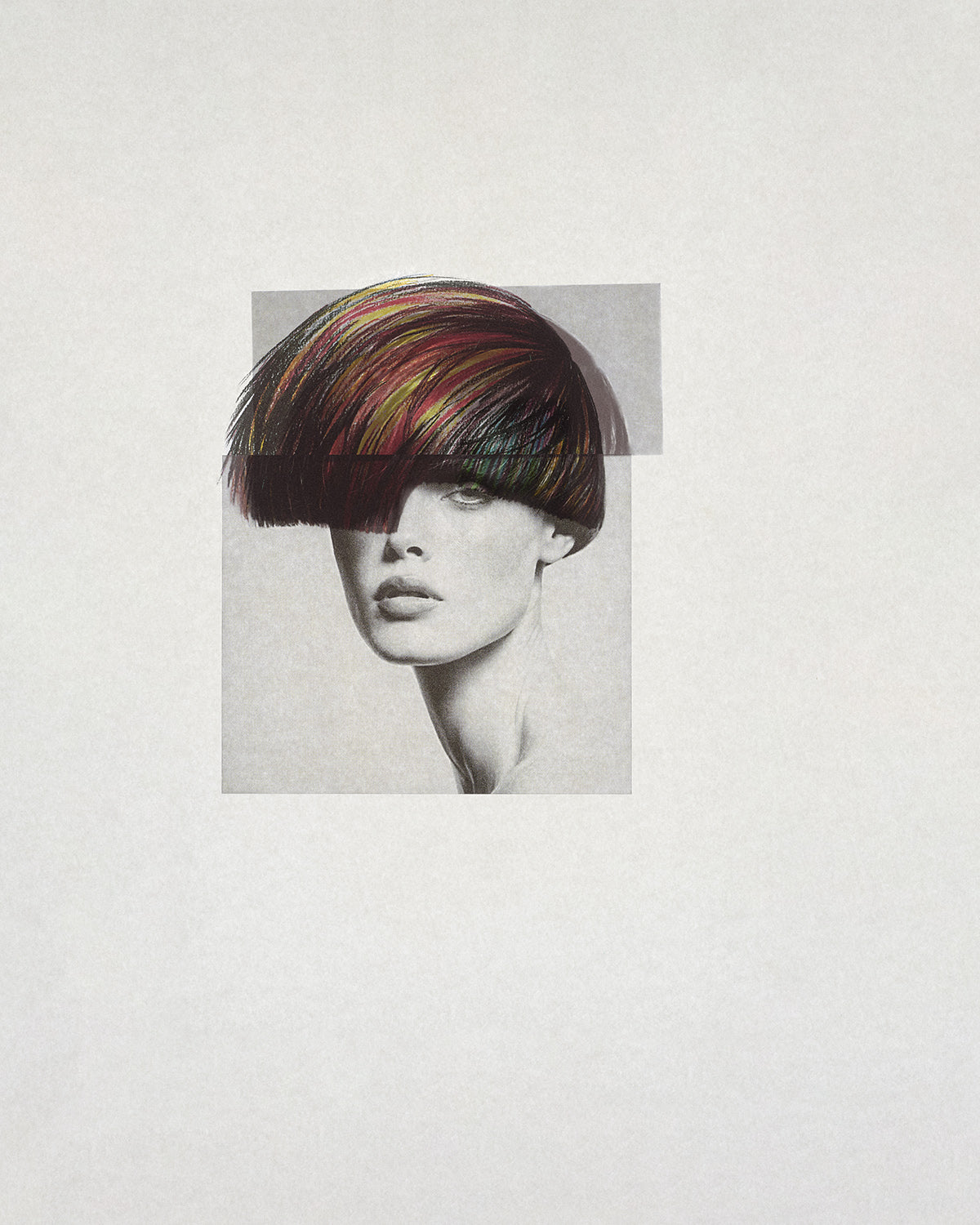 Chevelures 06 — bowl cut in every colour, coloured pencil drawing by Nicolas Jurnjack over a black and white portrait — Beau Edition