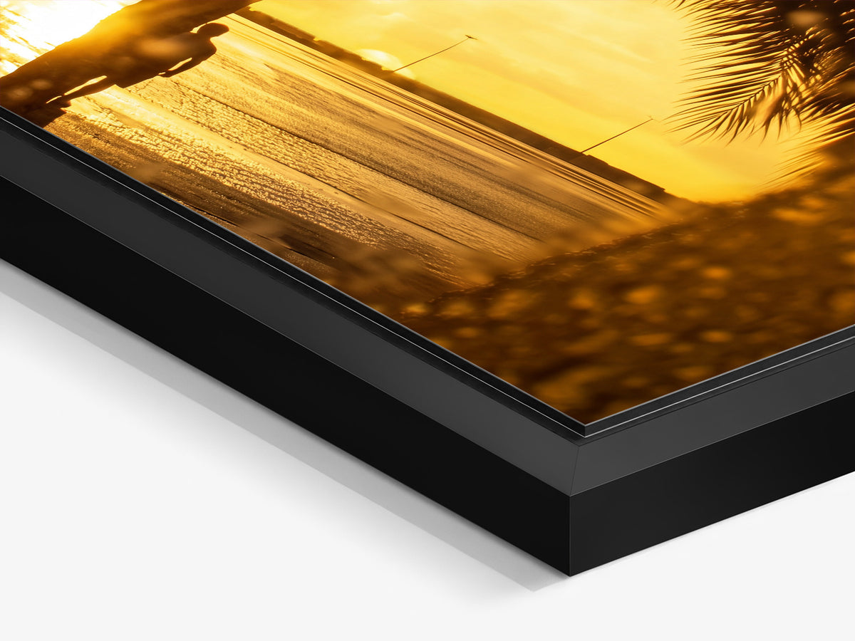 Electric Summer 01 – black matt floater frame close-up, urban palm tree at golden hour fine art print | Beau Edition