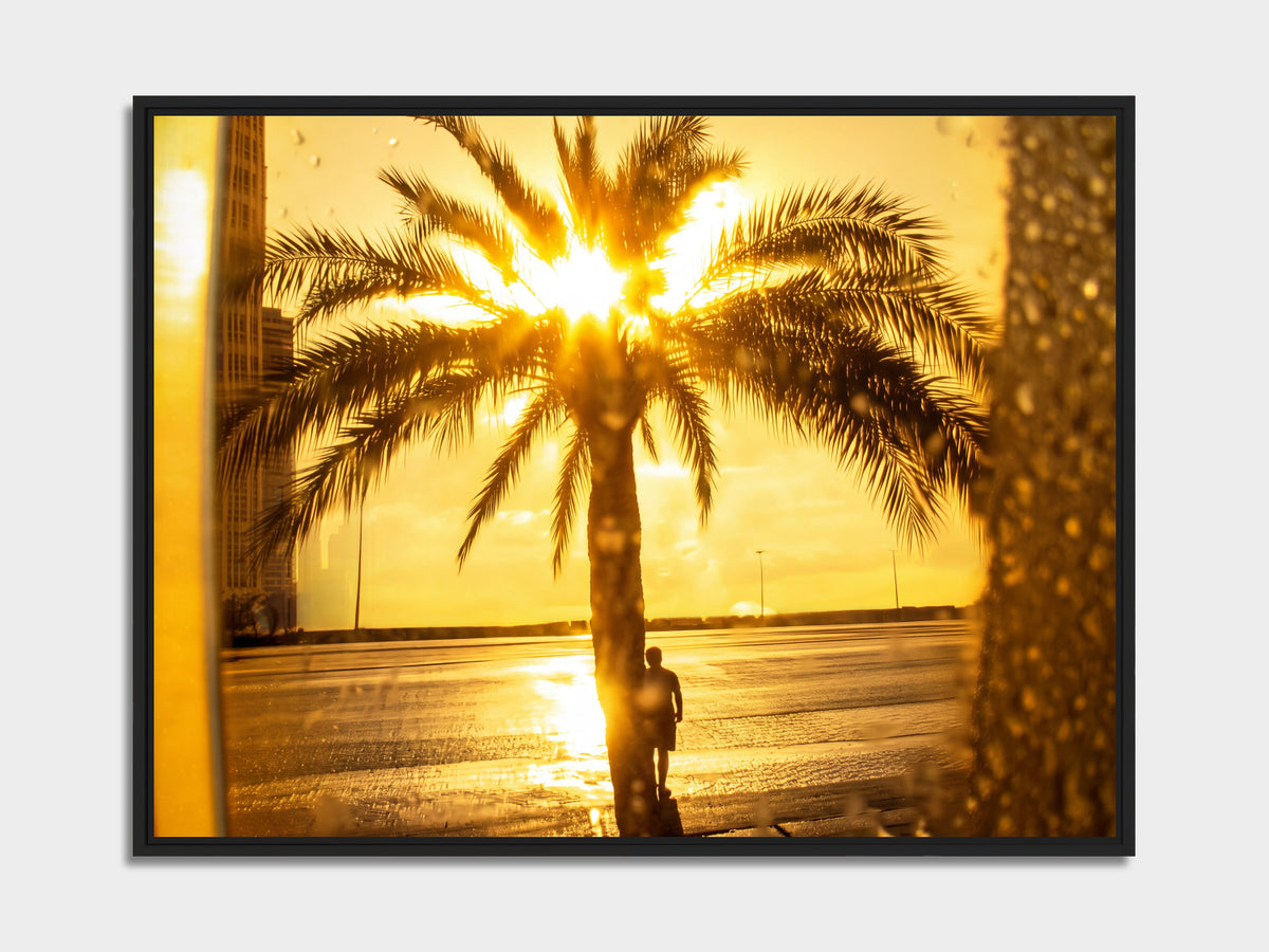 Electric Summer 01 – urban palm tree at golden hour fine art print, black matt floater frame | Beau Edition