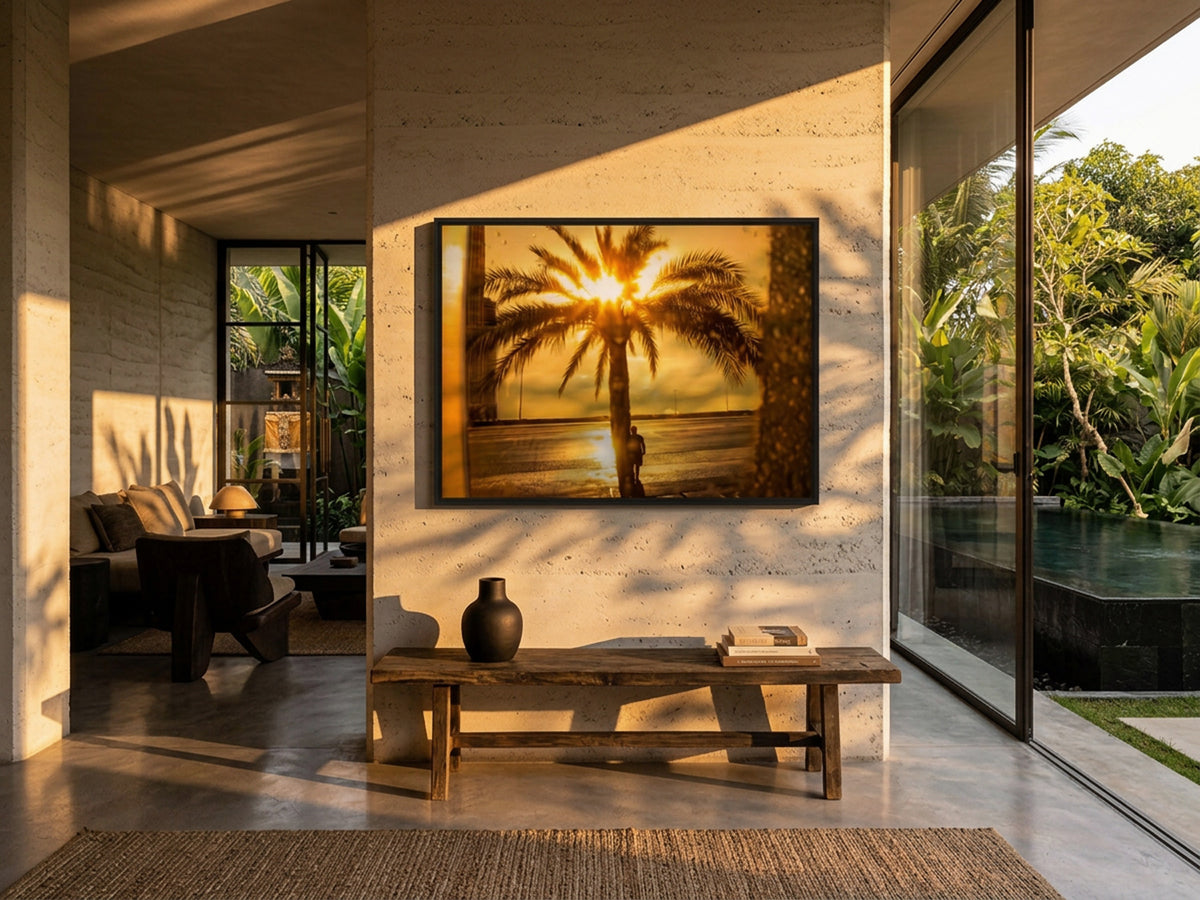 Electric Summer 01 – urban palm tree at golden hour fine art print in an interior, black matt floater frame | Beau Edition
