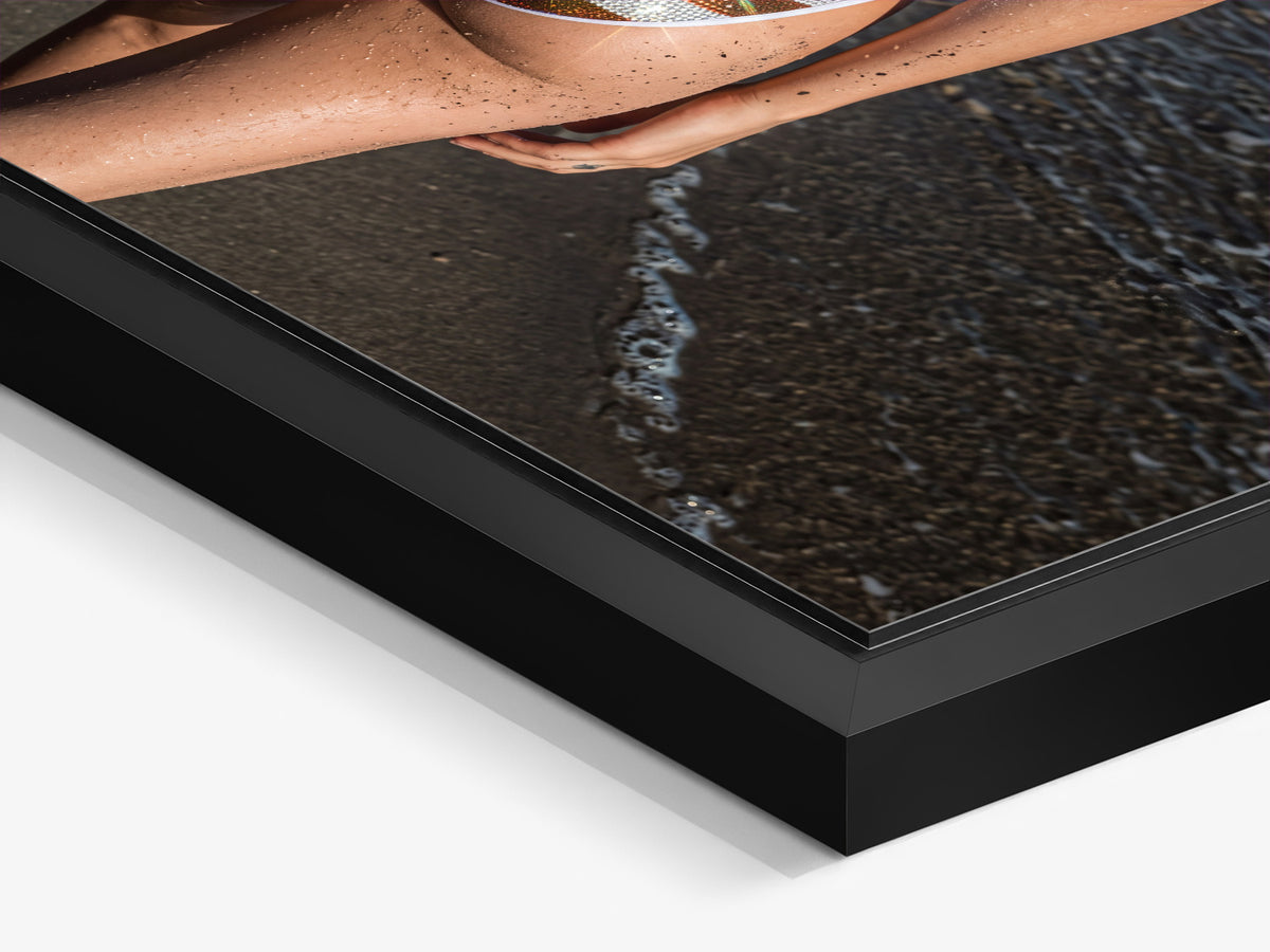 Electric Summer 02 – black matt floater frame close-up, bikini on the beach fine art print | Beau Edition