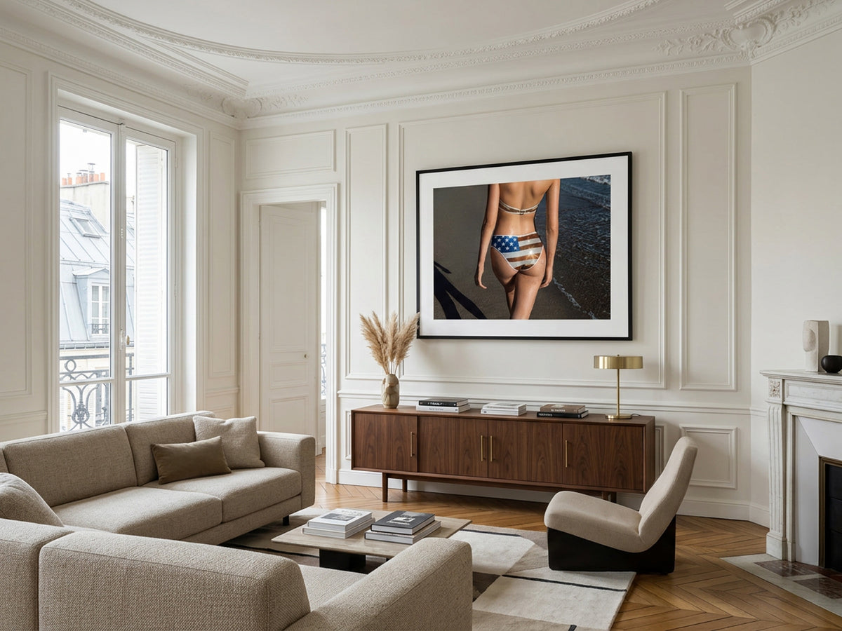 Electric Summer 02 – bikini on the beach fine art print in an interior, black matt floater frame | Beau Edition
