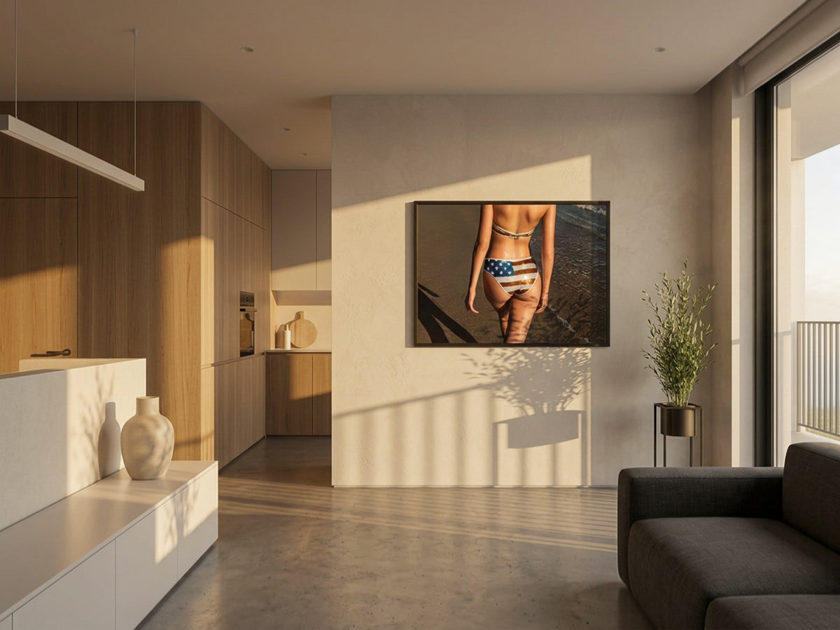 Electric Summer 02 – bikini on the beach fine art print in an interior, black matt floater frame | Beau Edition