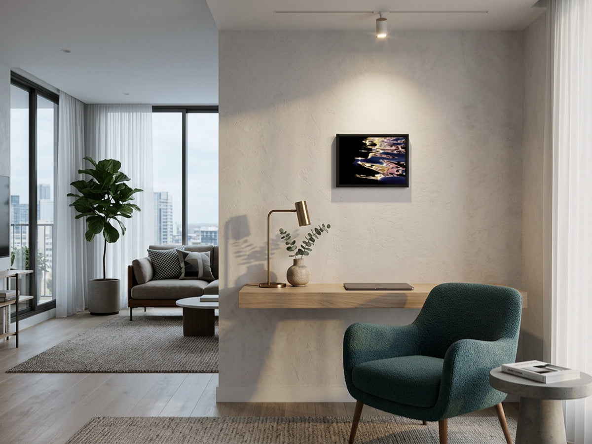 Electric Summer 04 – architecture reflected in water fine art print in an interior, black matt floater frame | Beau Edition