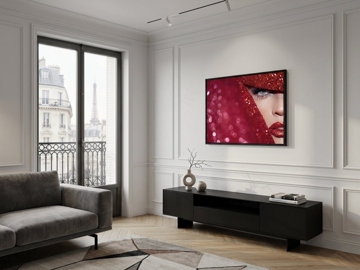 Electric Summer 05 – glitter and red lipstick fine art print in an interior, black matt floater frame | Beau Edition