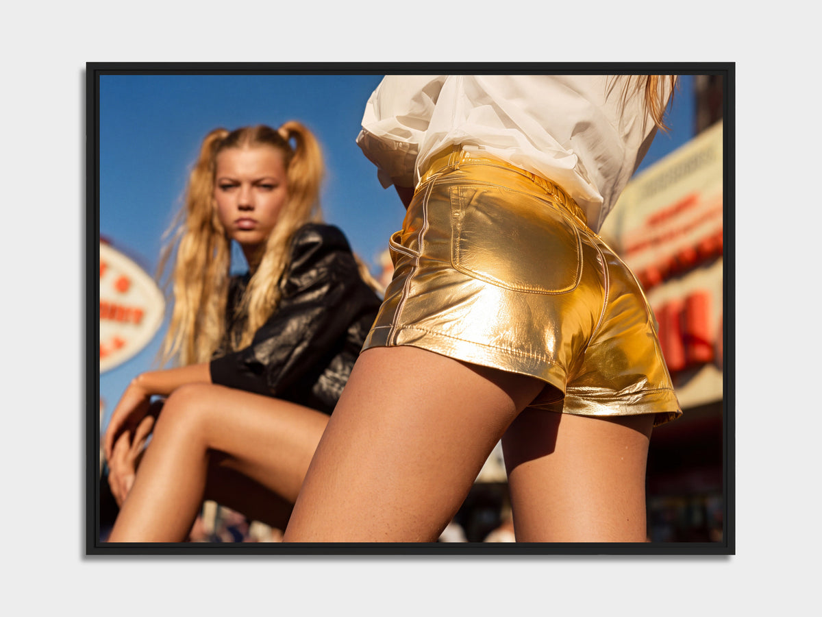 Electric Summer 06 – young women outside a diner fine art print, black matt floater frame | Beau Edition