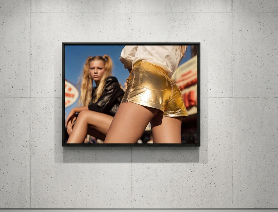 Electric Summer 06 – young women outside a diner fine art print in an interior, black matt floater frame | Beau Edition