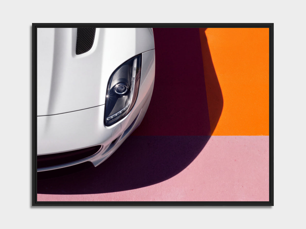 Electric Summer 09 – concept car on an orange background fine art print, black matt floater frame | Beau Edition