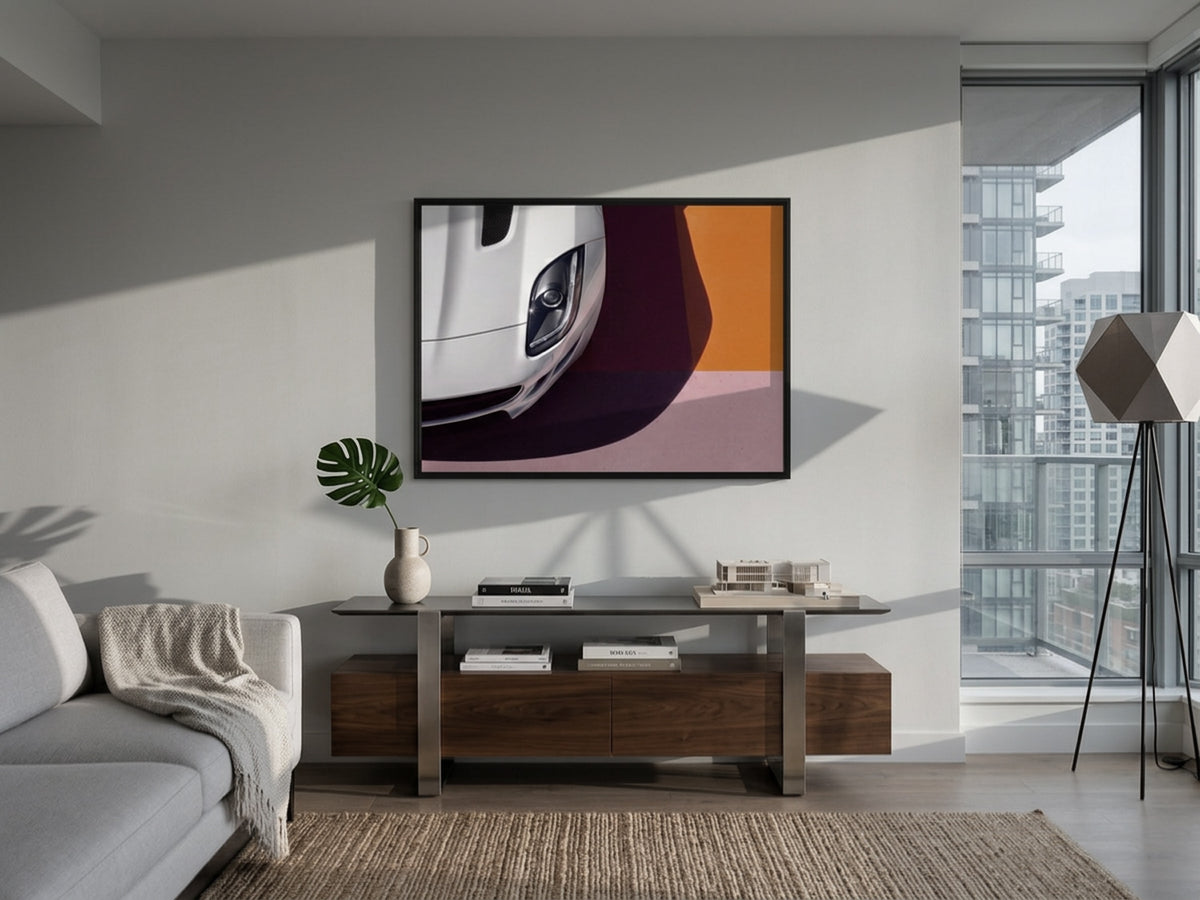 Electric Summer 09 – concept car on an orange background fine art print in an interior, black matt floater frame | Beau Edition