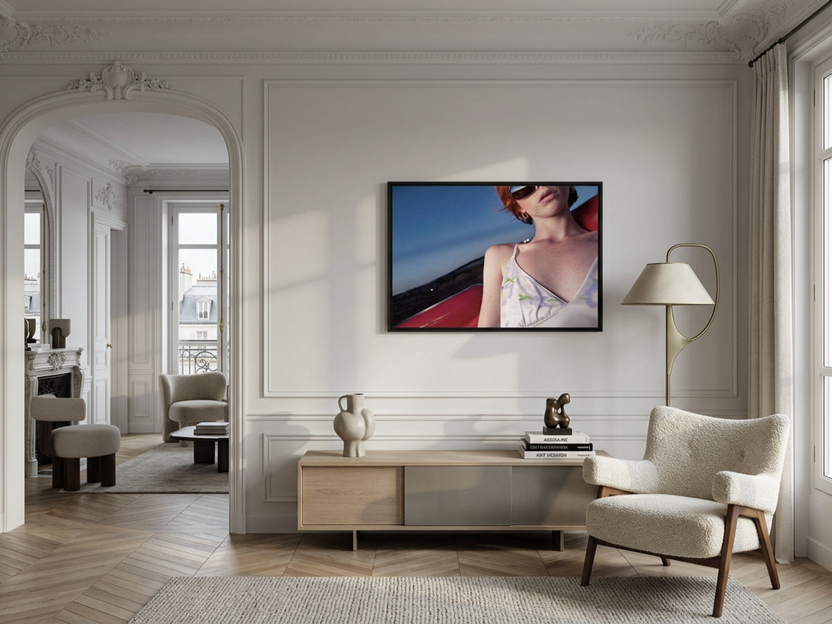 Electric Summer 13 – redhead in sunglasses in a red convertible fine art print in an interior, black matt floater frame | Beau Edition