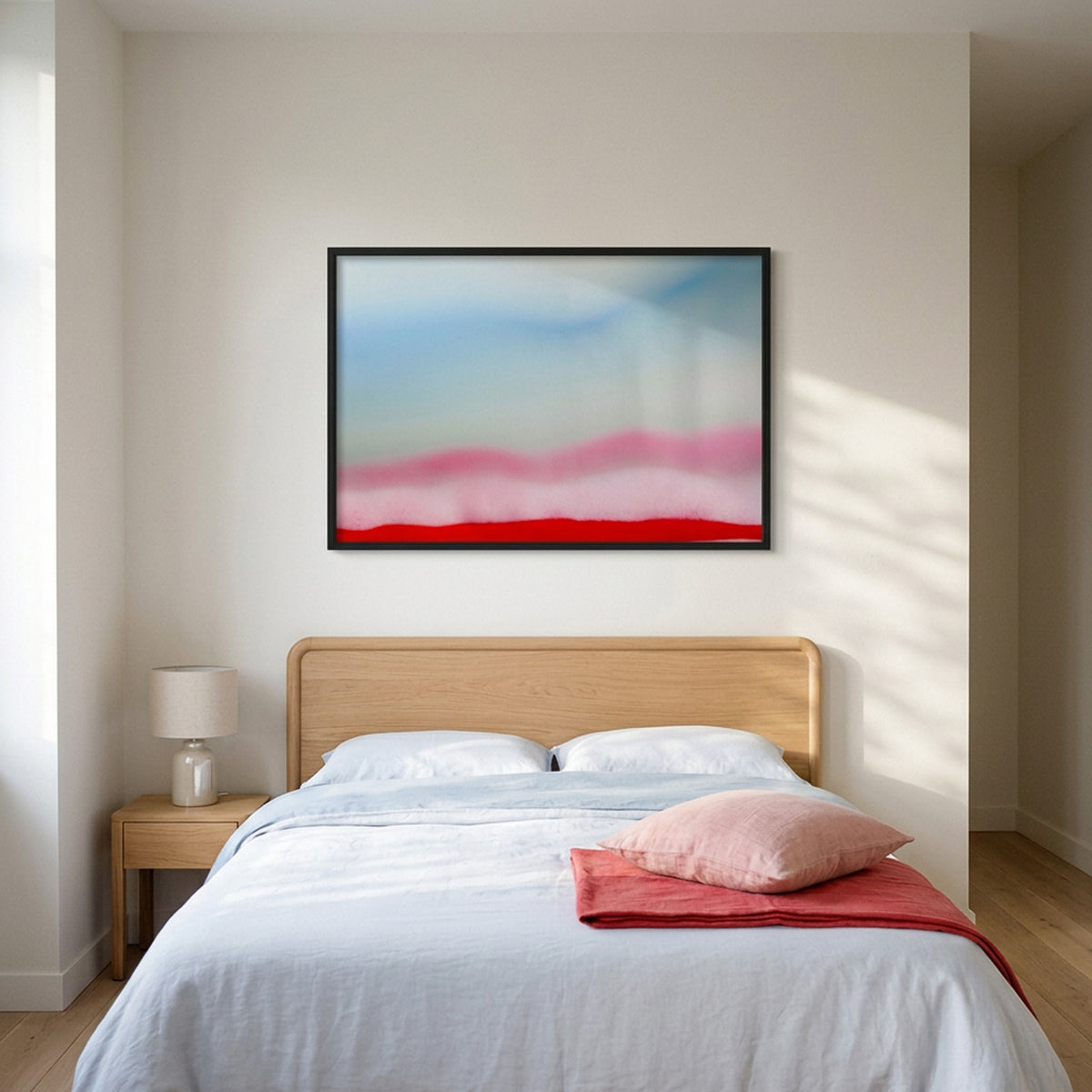 In Between 01 – ink in water fine art print above a bed in a bright bedroom | Beau Edition