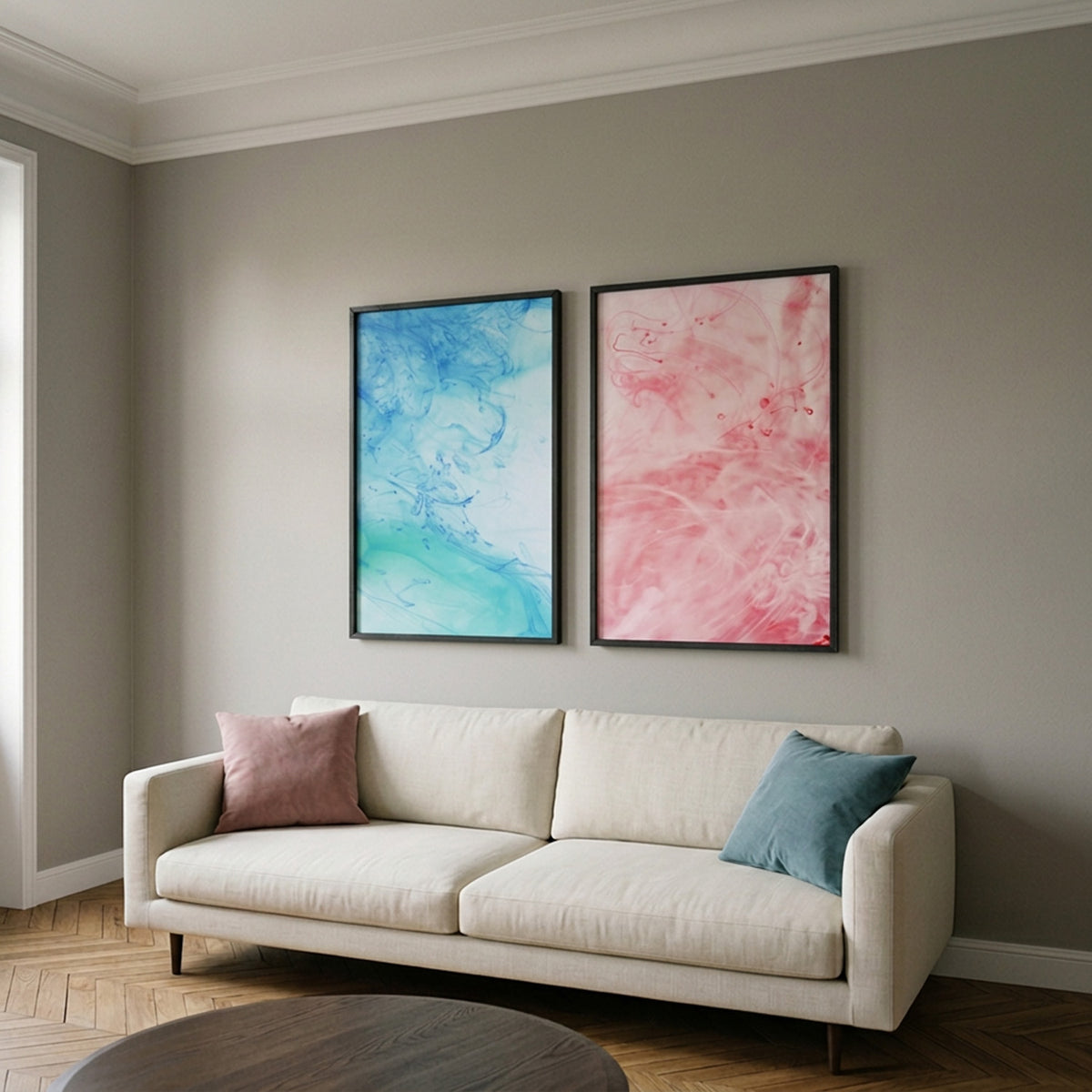In Between 06 and 07 – pair of ink in water fine art prints above a sofa in a living room | Beau Edition