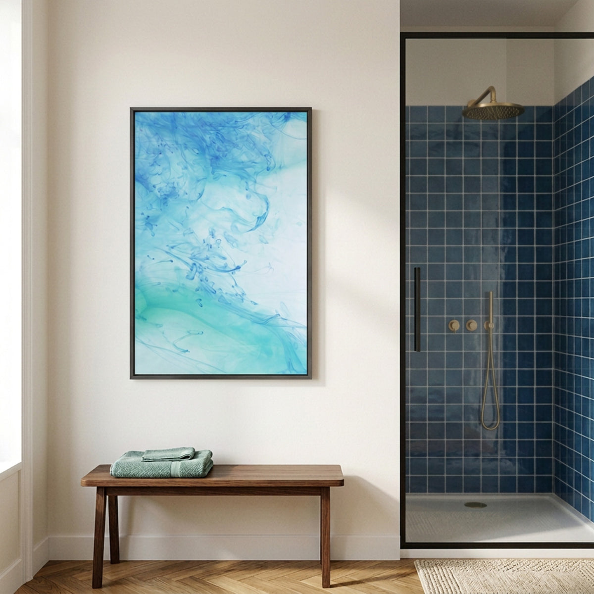 In Between 06 – ink in water fine art print next to a walk-in shower in a bright bathroom | Beau Edition
