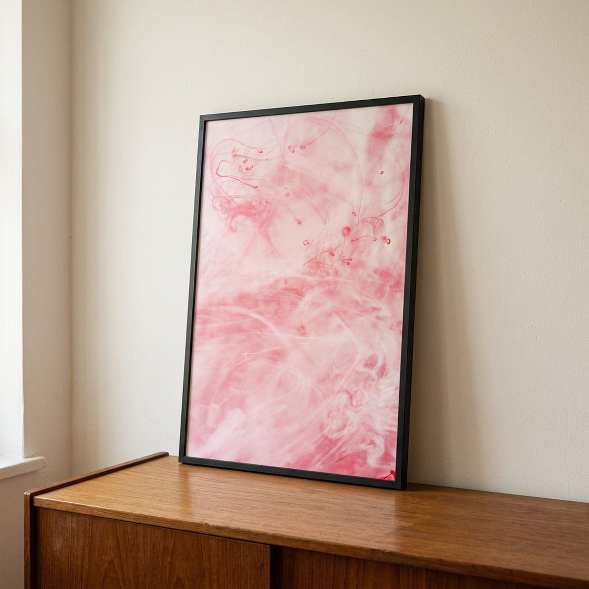 In Between 07 – ink in water fine art print leaning on a wooden sideboard | Beau Edition