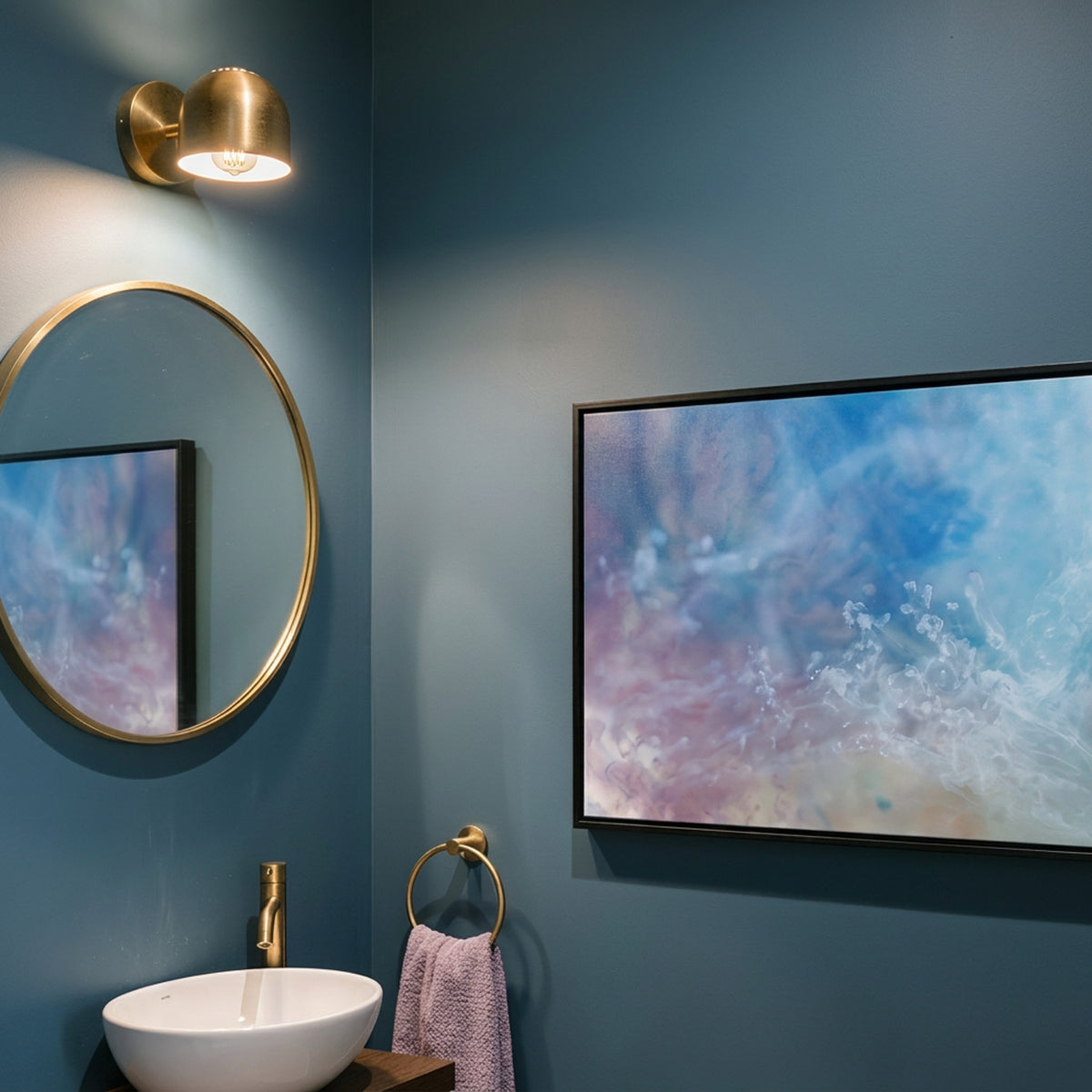 In Between 08 – ink in water fine art print in a blue bathroom beside a round brass mirror | Beau Edition