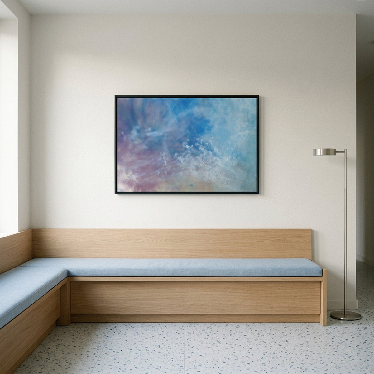 In Between 08 – ink in water fine art print above a built-in wooden bench | Beau Edition