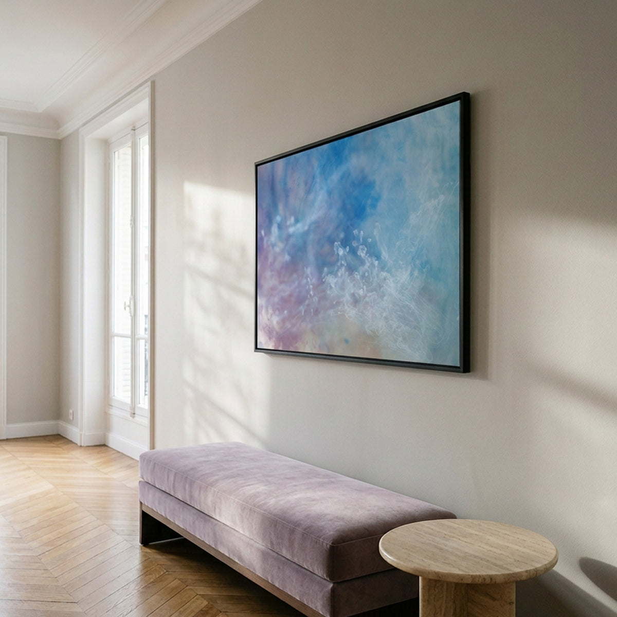 In Between 08 – ink in water fine art print above a lilac velvet bench by a window | Beau Edition