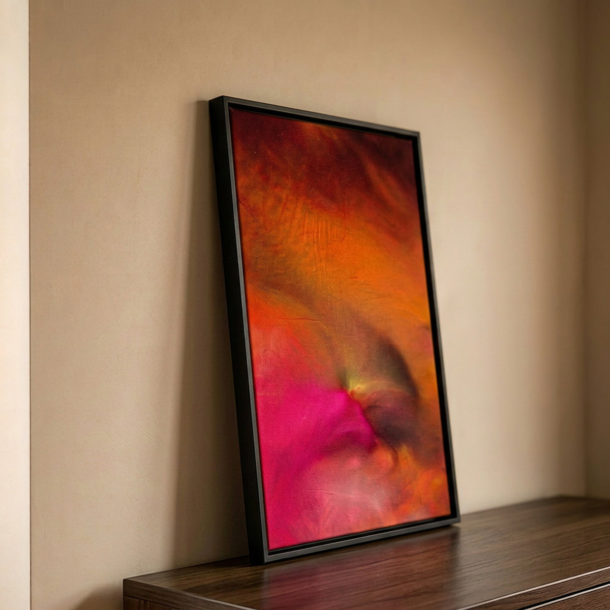 In Between 11 – ink in water fine art print leaning on a wooden sideboard in warm light | Beau Edition