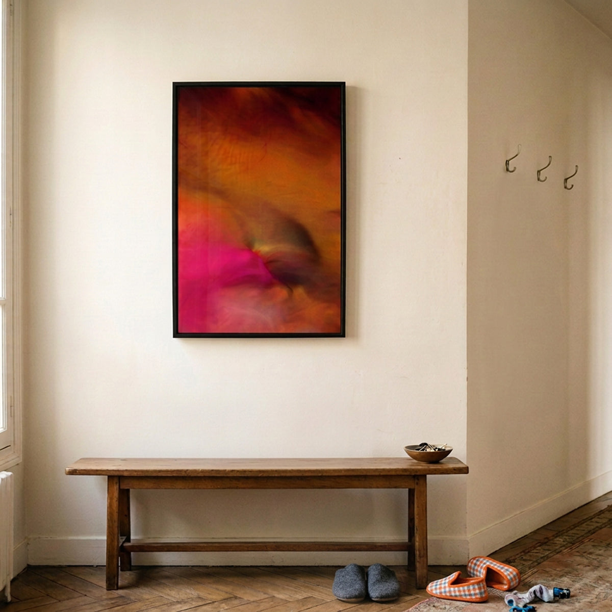 In Between 11 – ink in water fine art print above a wooden bench in an entryway | Beau Edition