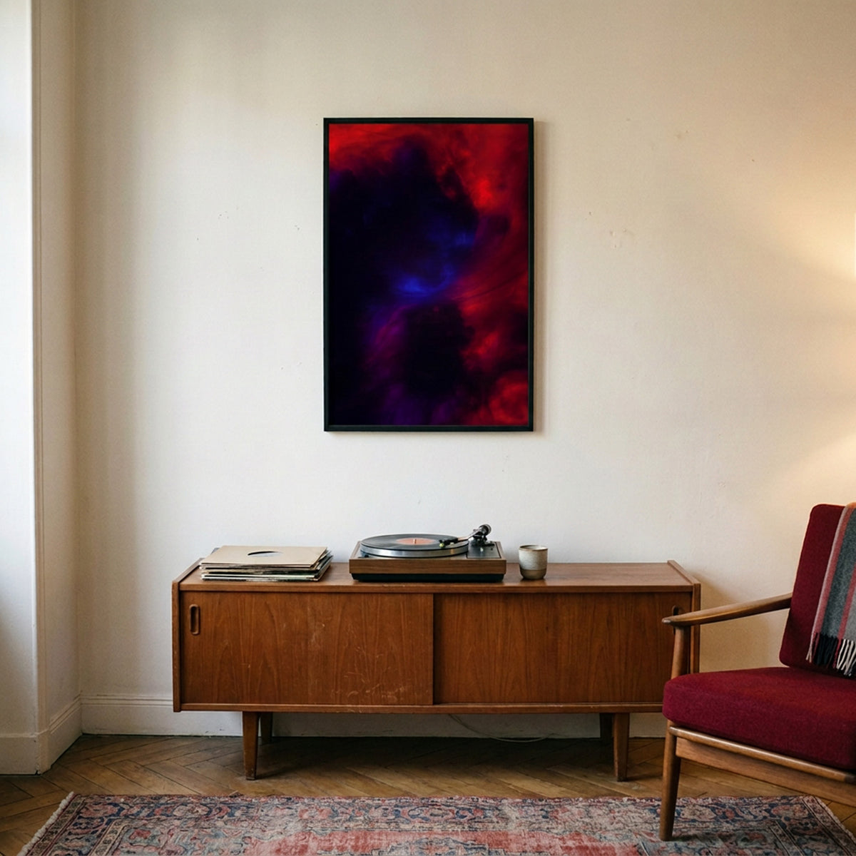 In Between 12 – ink in water fine art print above a vintage sideboard with a record player | Beau Edition