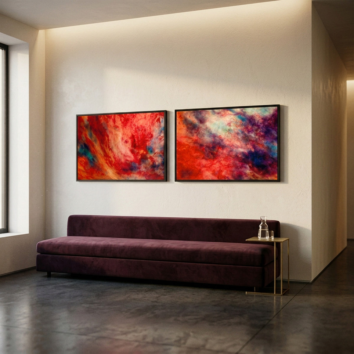 In Between 13 and 14 – pair of ink in water fine art prints above a burgundy sofa | Beau Edition