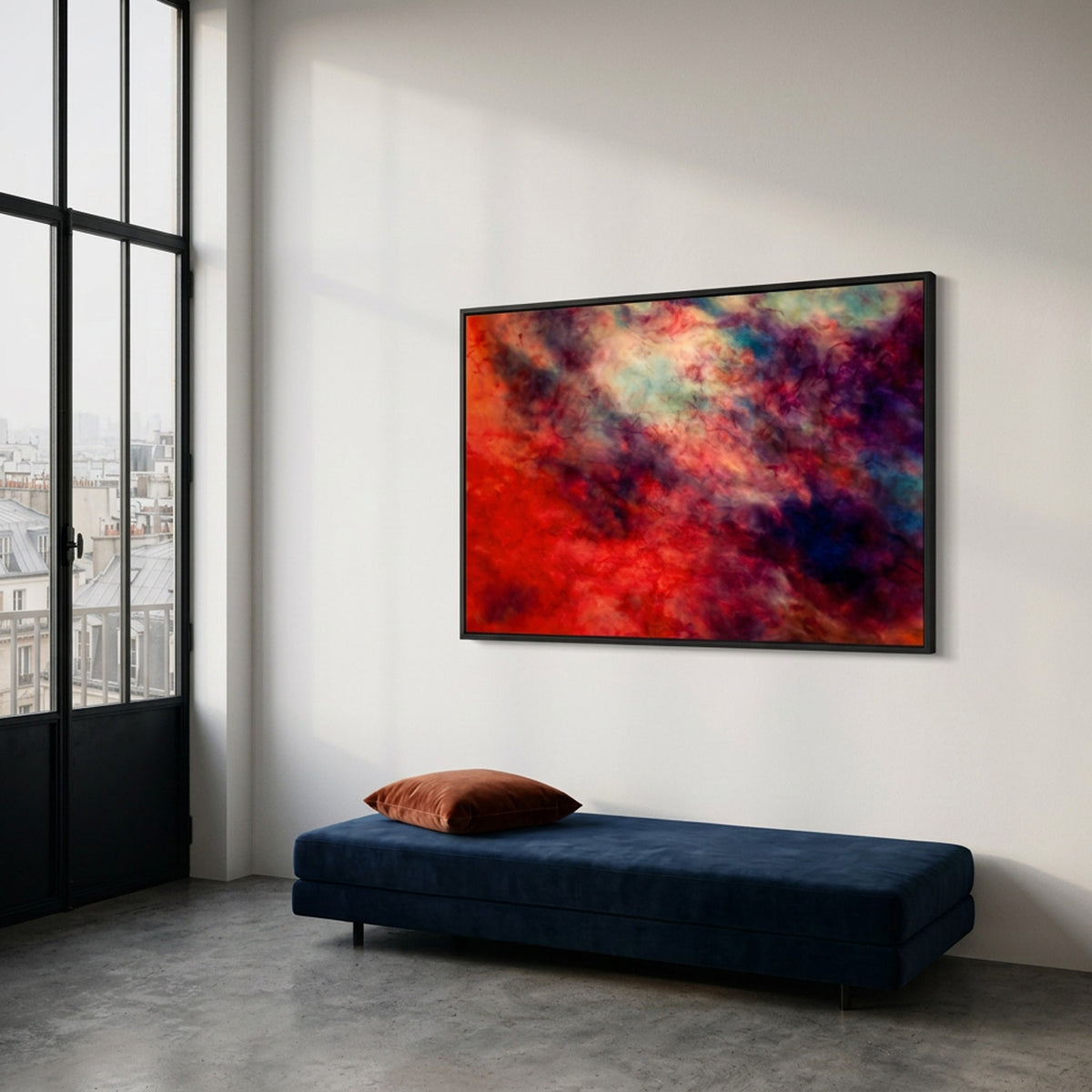 In Between 13 – large ink in water fine art print above a navy daybed in a loft | Beau Edition