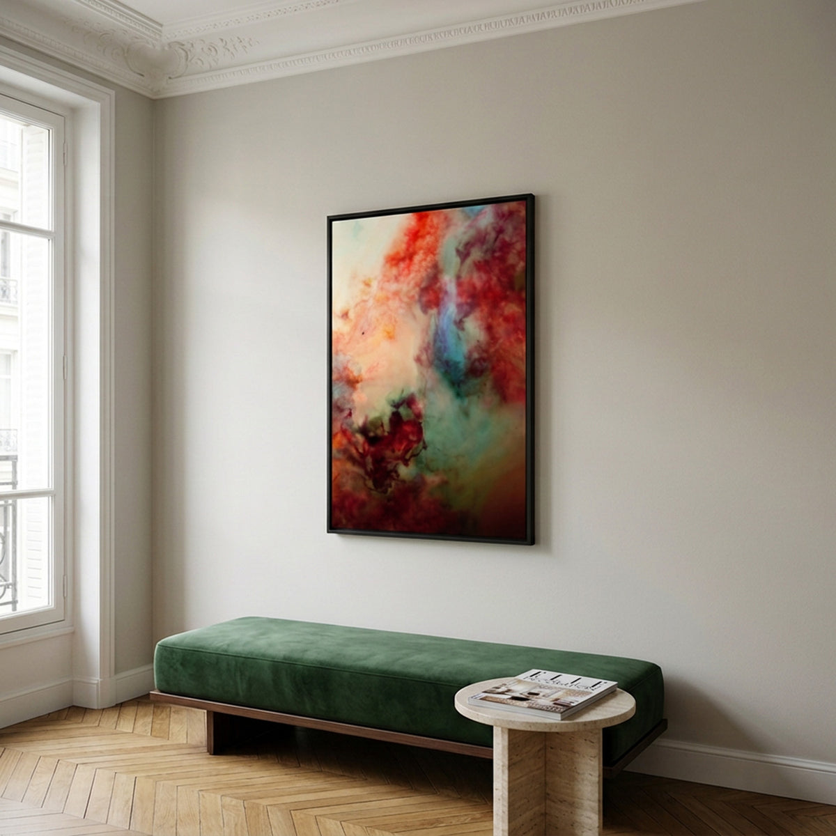In Between 15 – ink in water fine art print above a green velvet bench | Beau Edition