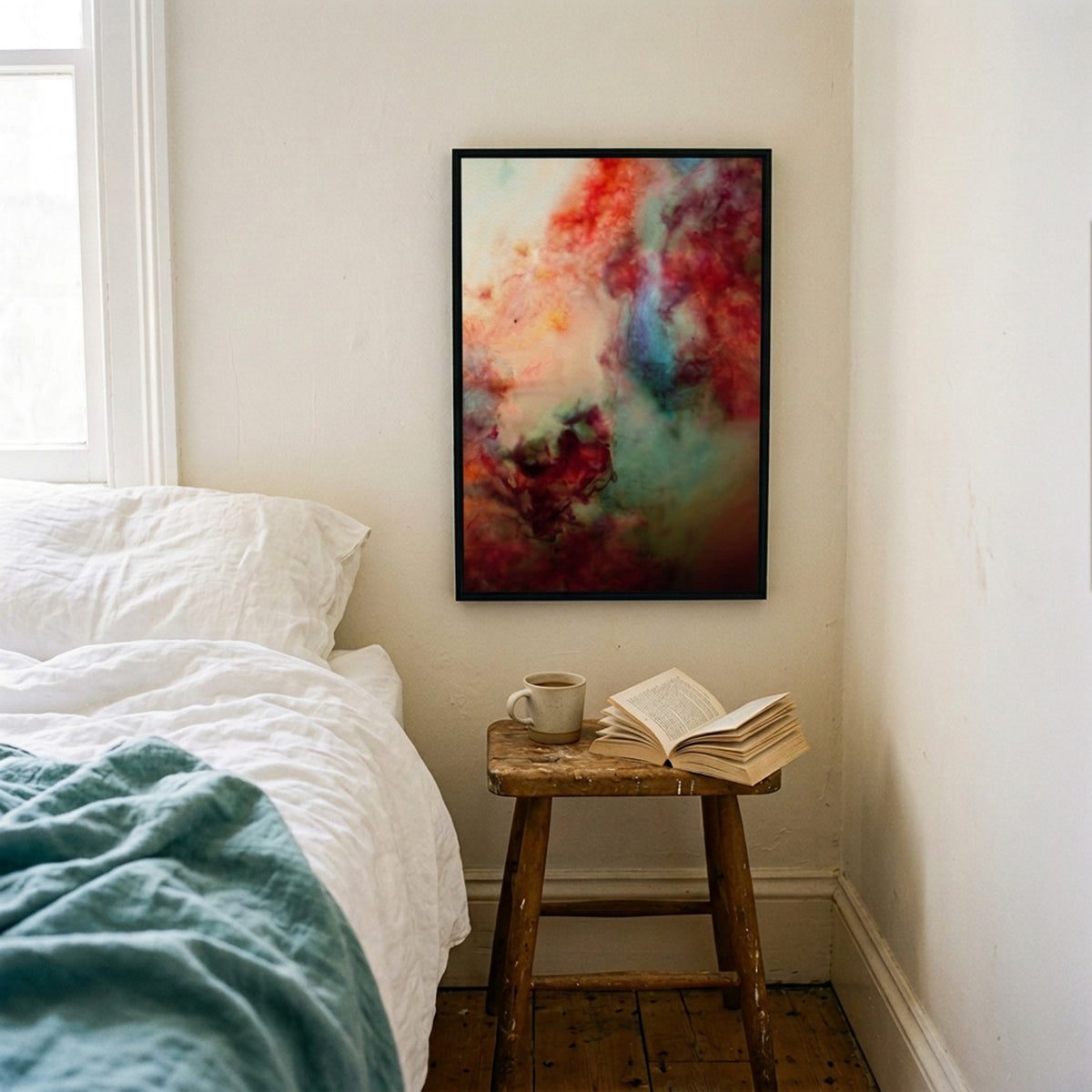 In Between 15 – ink in water fine art print above a bedside stool in a bedroom | Beau Edition