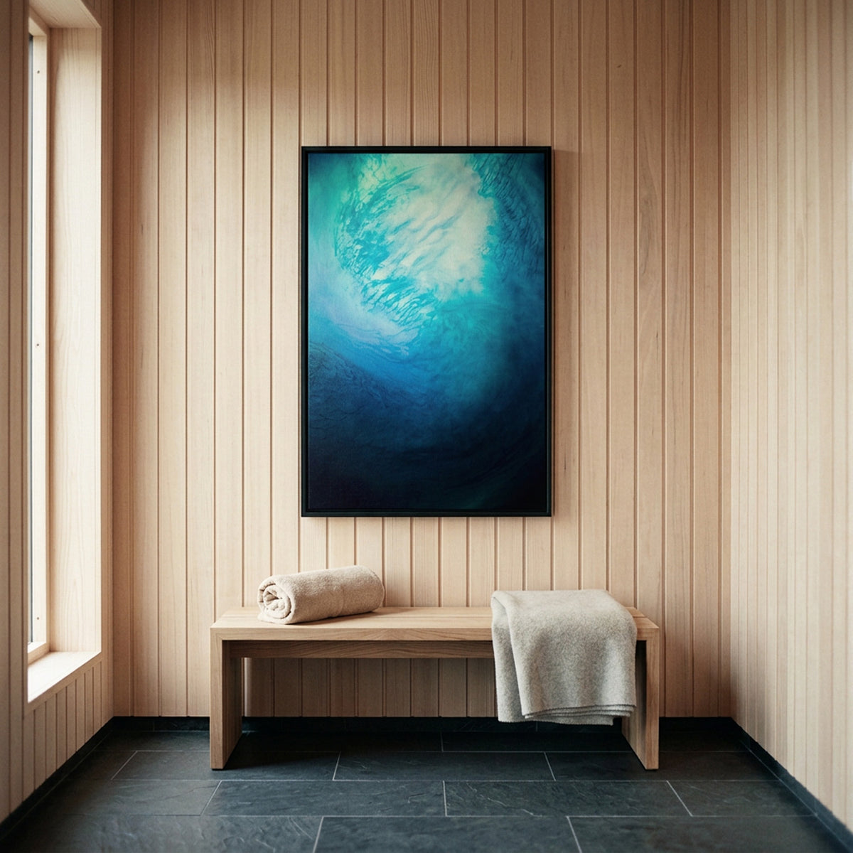 In Between 16 – ink in water fine art print above a wooden bench in a spa-like bathroom | Beau Edition
