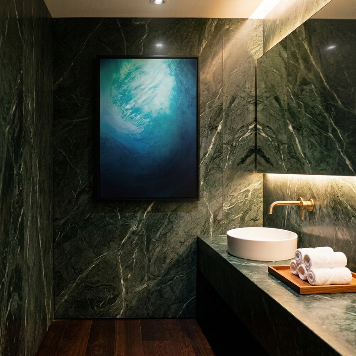 In Between 16 – ink in water fine art print in a green marble bathroom above a vanity | Beau Edition