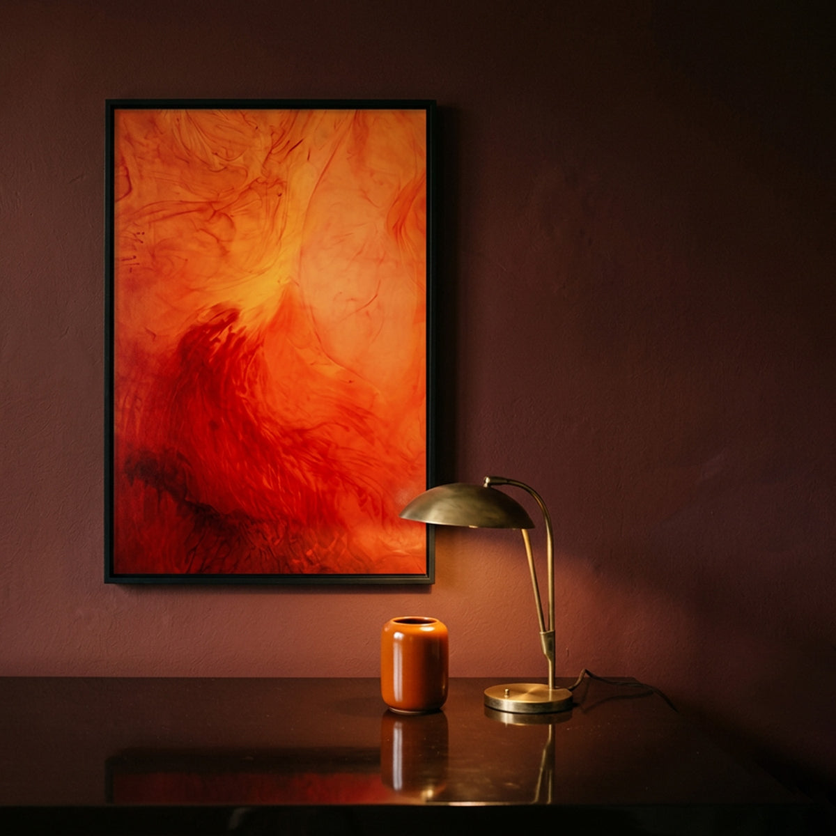 In Between 17 – large ink in water fine art print above a desk with a brass lamp on a burgundy wall | Beau Edition