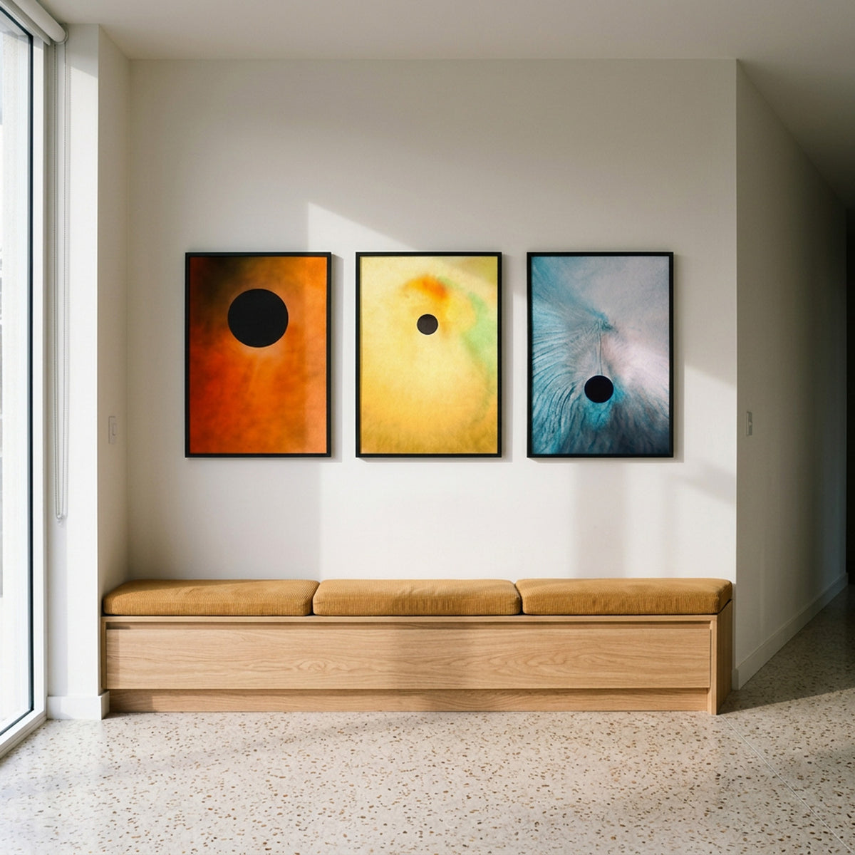 In Between 18, 19 and 20 – trio of ink in water fine art prints above a wooden bench | Beau Edition
