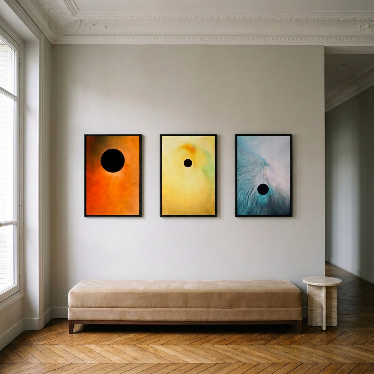 In Between 18, 19 and 20 – trio of ink in water fine art prints above an upholstered bench | Beau Edition