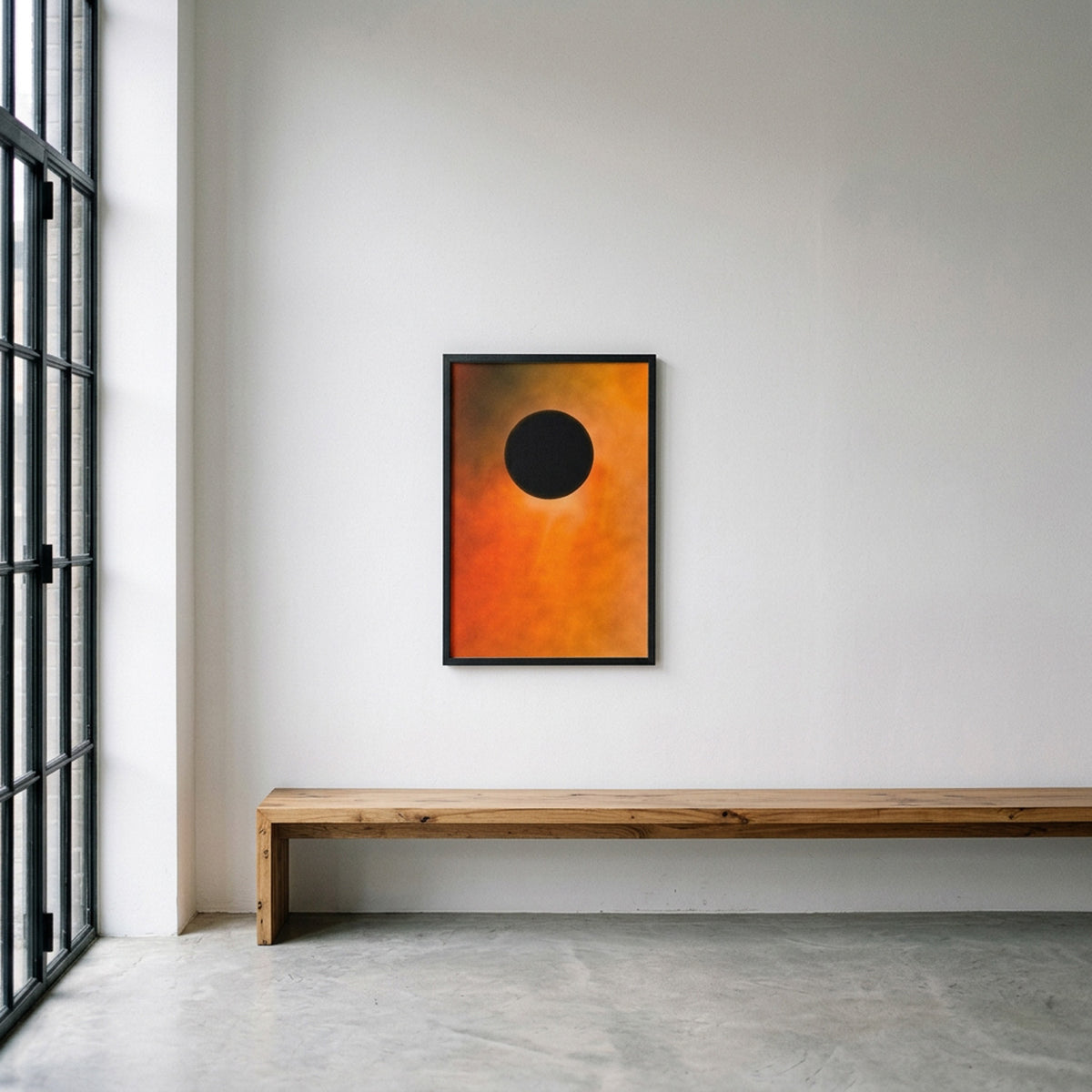 In Between 19 – ink in water fine art print above a long wooden bench by a window | Beau Edition