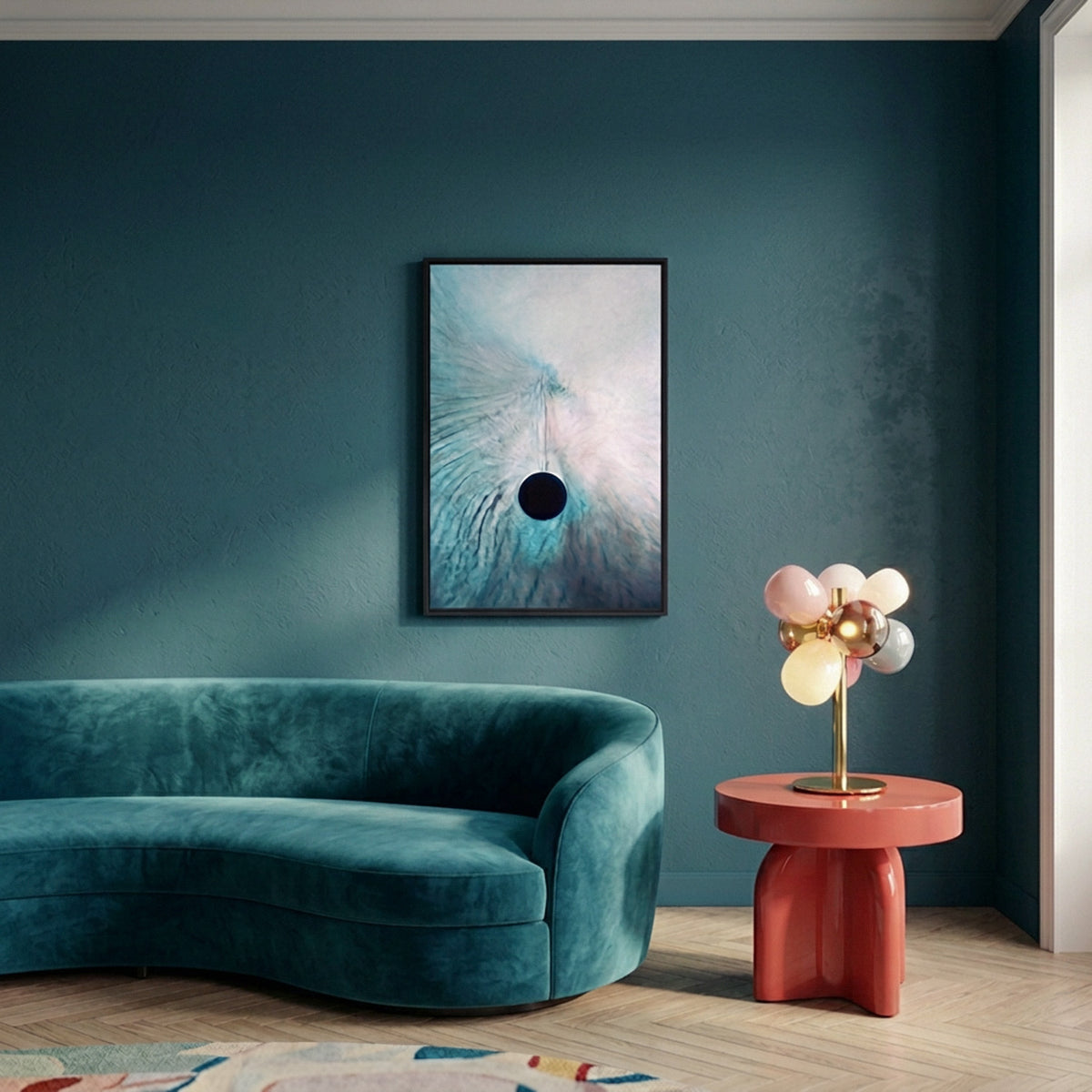 In Between 20 – ink in water fine art print above a curved velvet sofa on a teal wall | Beau Edition