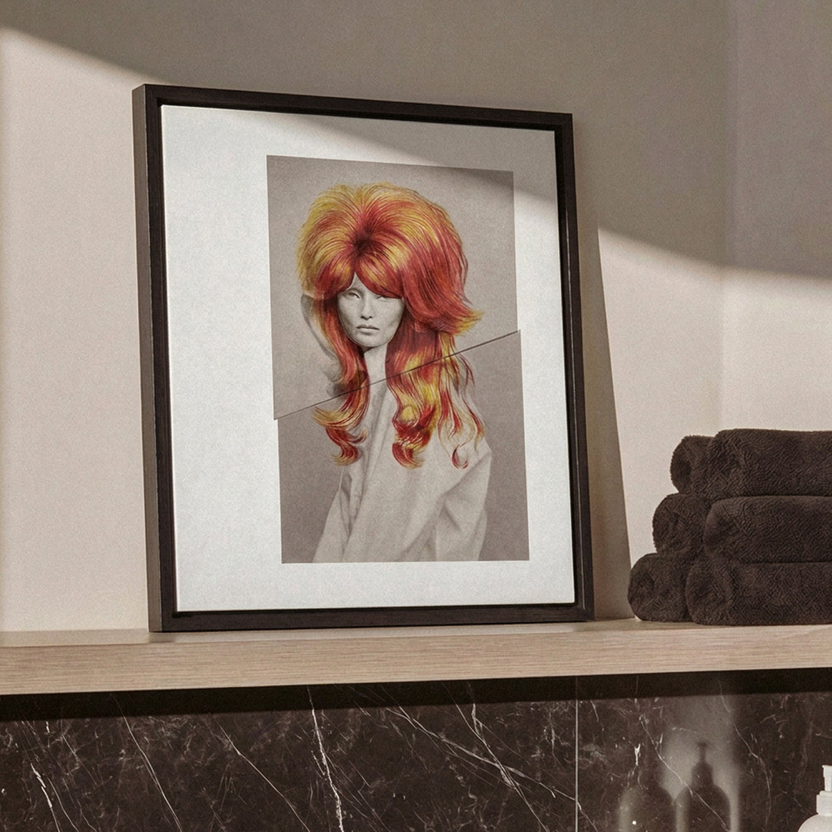 Chevelures 05 framed print, black matt floater frame, on a shelf in a dark marble bathroom — Beau Edition