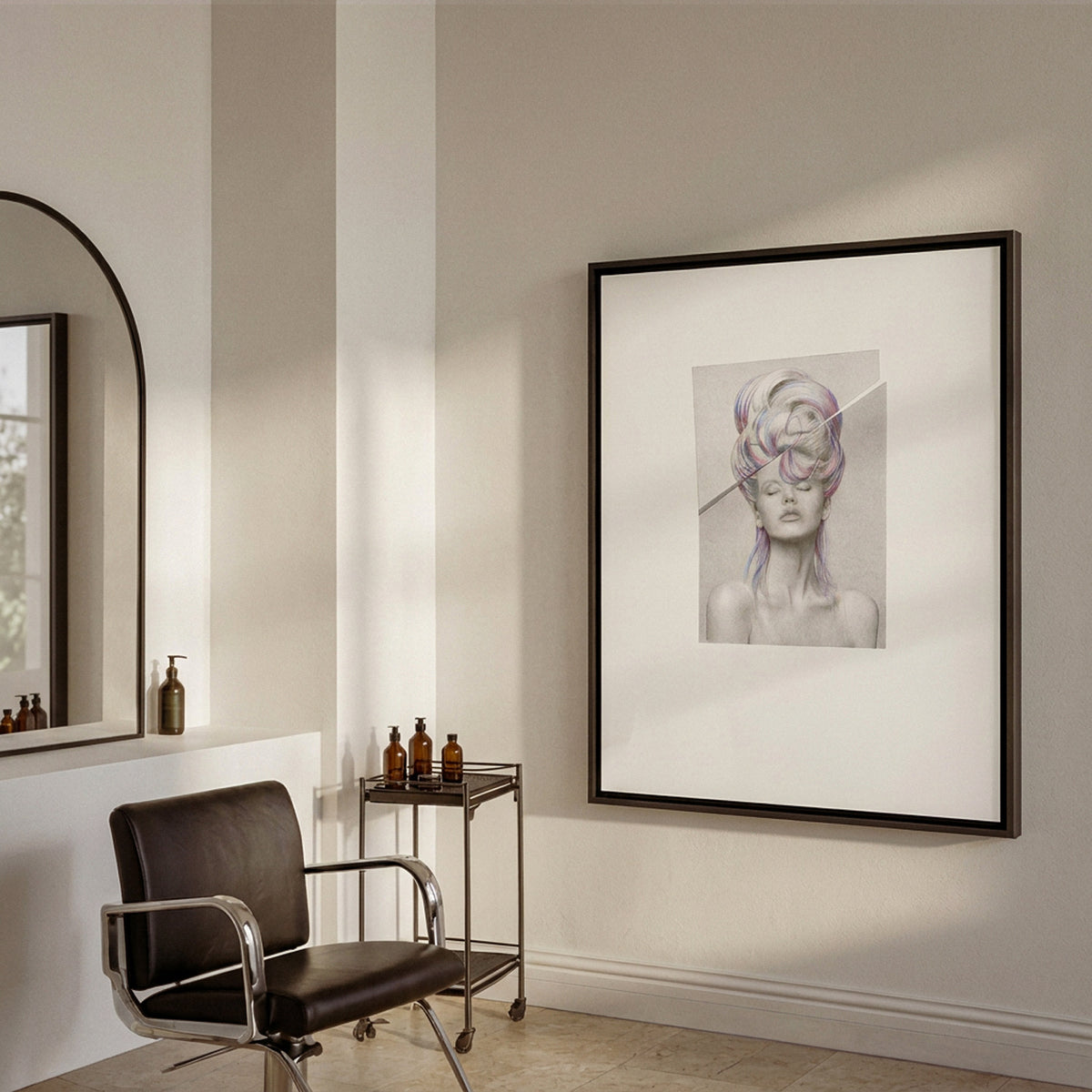 Chevelures 02 framed print, black matt floater frame, in a hair salon beside a leather styling chair — Beau Edition