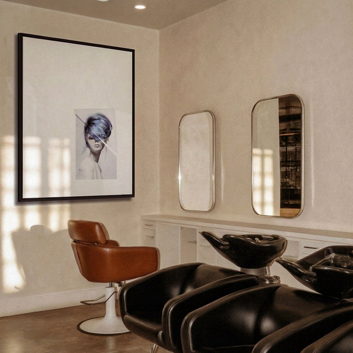 Chevelures 04 framed print, black matt floater frame, in a hair salon above the shampoo basins — Beau Edition