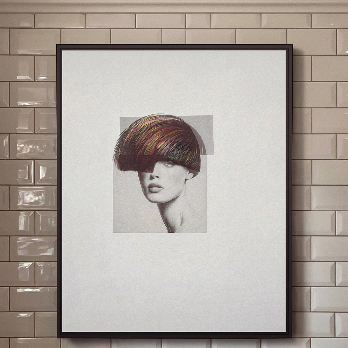 Chevelures 06 framed print, black matt floater frame, on a beige tiled wall — Beau Edition
