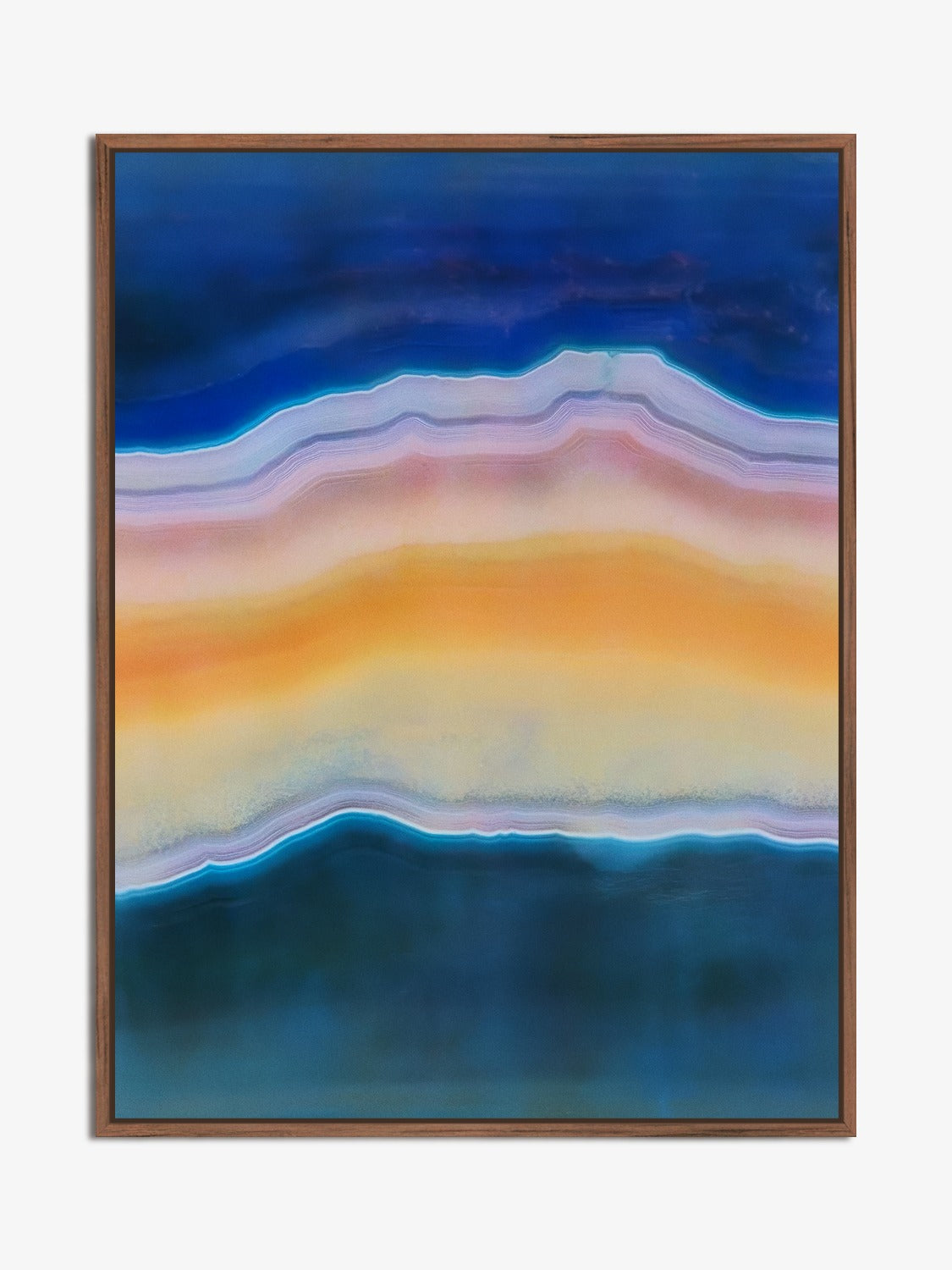 Strata 01 – layered bands in deep blue and amber, fine art print, walnut floater frame | Beau Edition