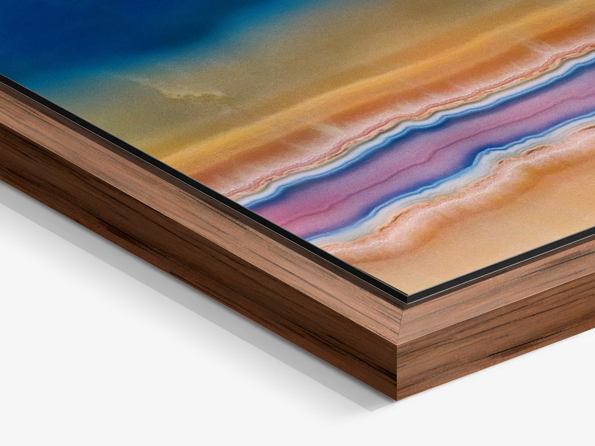 Strata 02 – walnut floater frame close-up, blue and rose layered print | Beau Edition