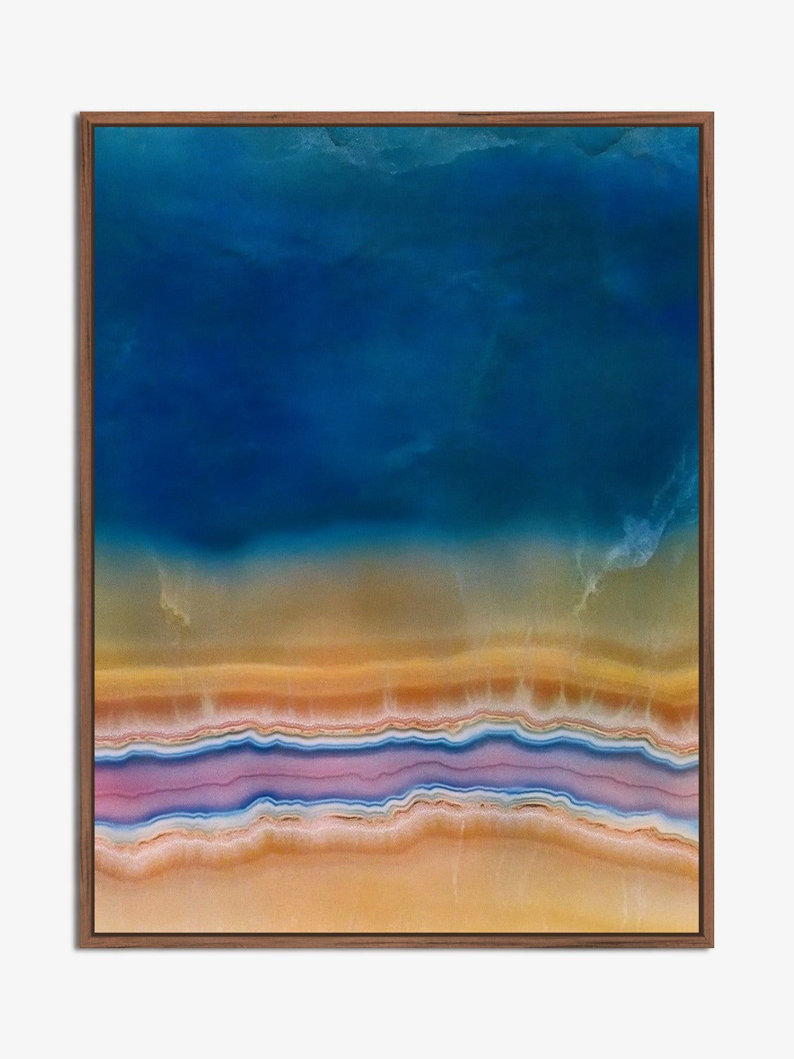 Strata 02 – layered bands in deep blue, rose and ochre, fine art print, walnut floater frame | Beau Edition