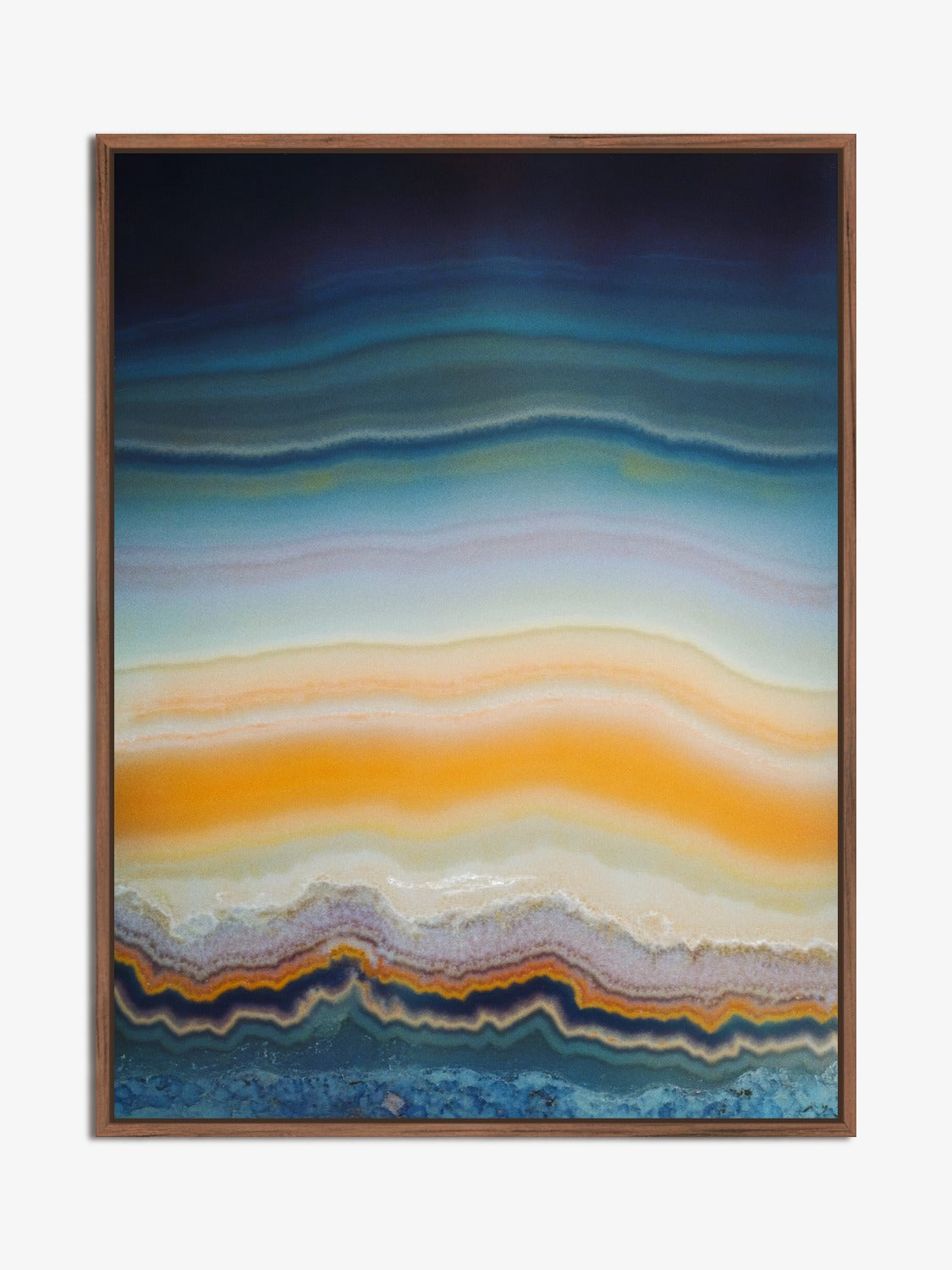 Strata 03 – layered bands in teal, white and orange, fine art print, walnut floater frame | Beau Edition